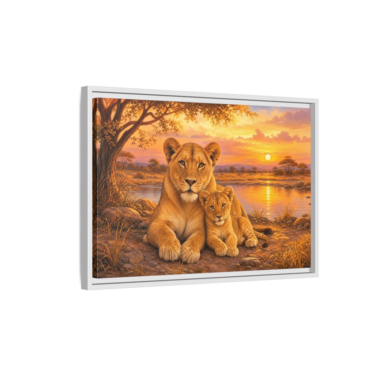 Side Mockup 1. Animals Lioness And Cub Orange Sunset shown as stretched canvas wall art