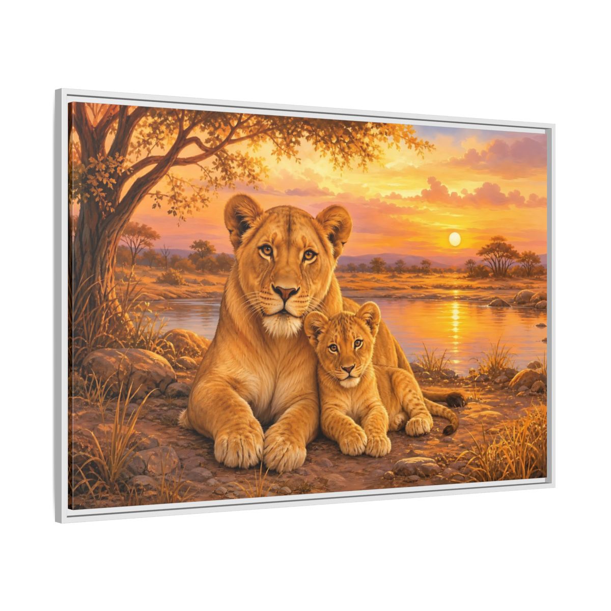 Side Mockup 7. Animals Lioness And Cub Orange Sunset shown as stretched canvas wall art