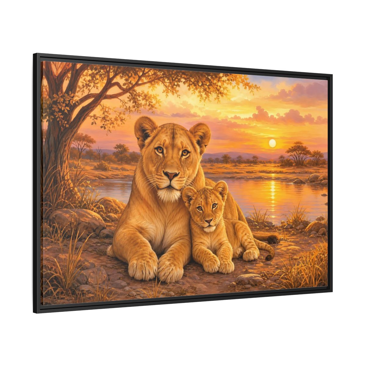 Side Mockup 12. Animals Lioness And Cub Orange Sunset shown as stretched canvas wall art