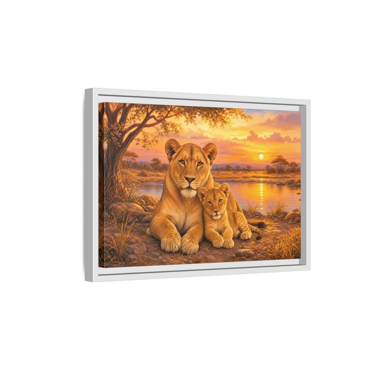 Side Mockup 4. Animals Lioness And Cub Orange Sunset shown as stretched canvas wall art