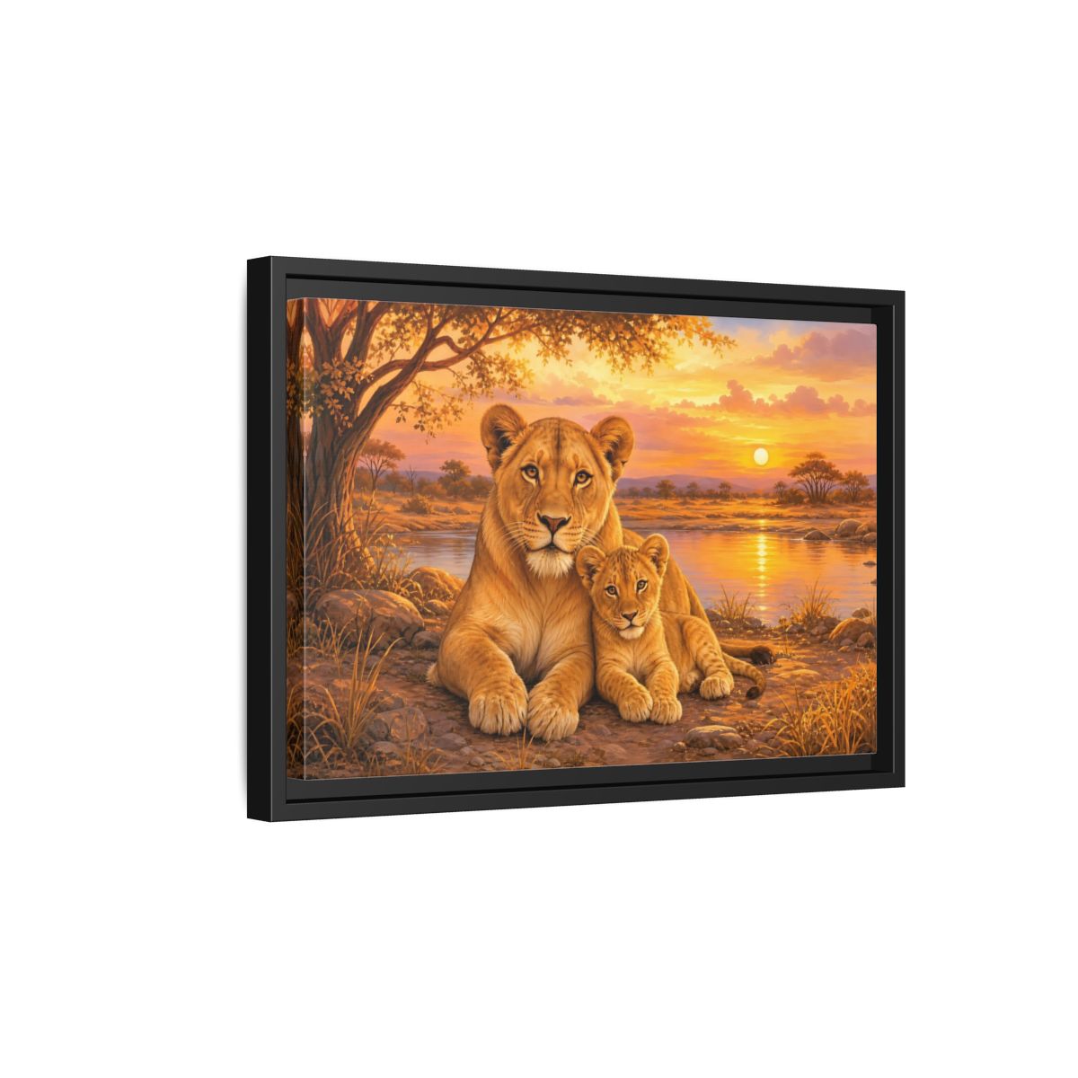 Side Mockup 6. Animals Lioness And Cub Orange Sunset shown as stretched canvas wall art