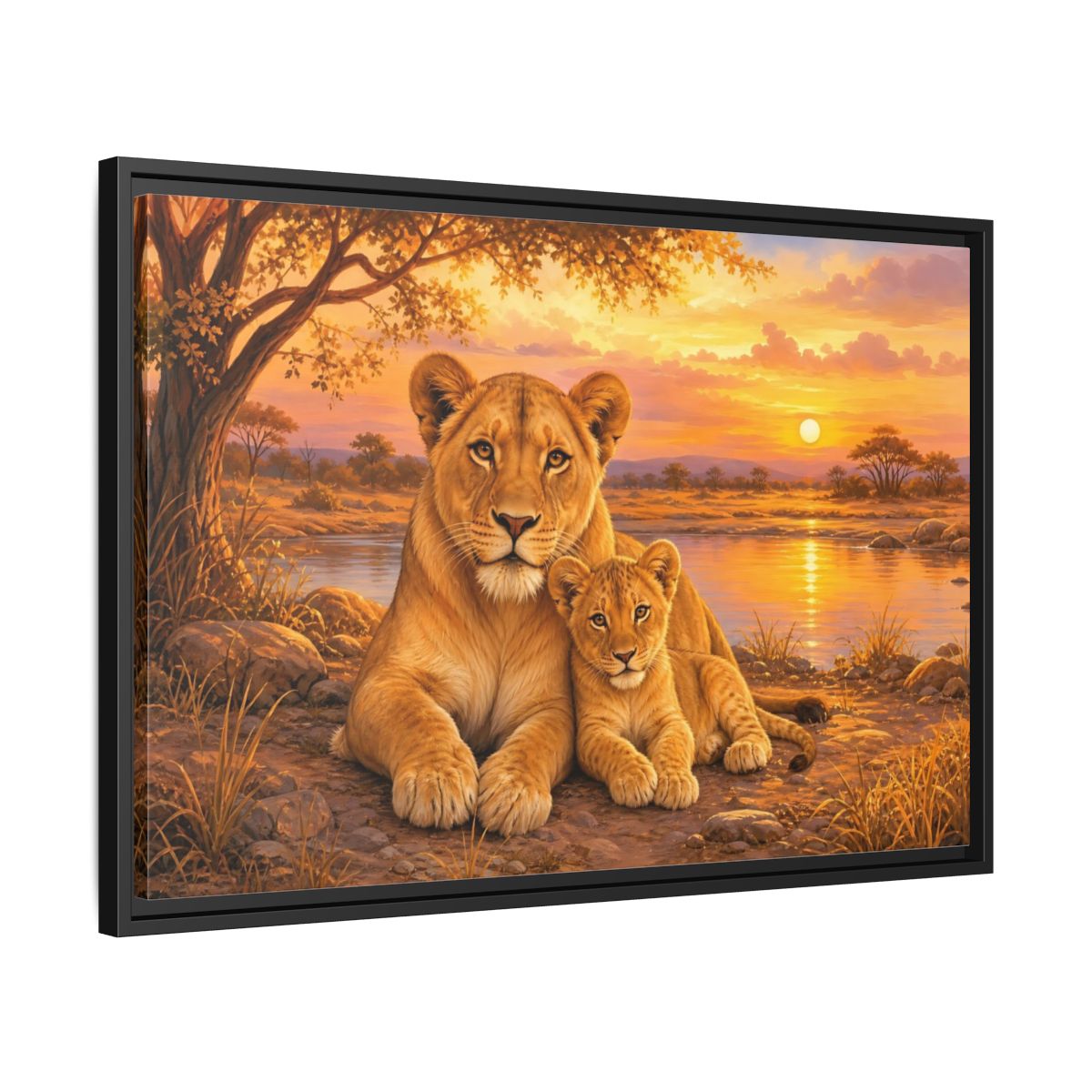 Side Mockup 14. Animals Lioness And Cub Orange Sunset shown as stretched canvas wall art