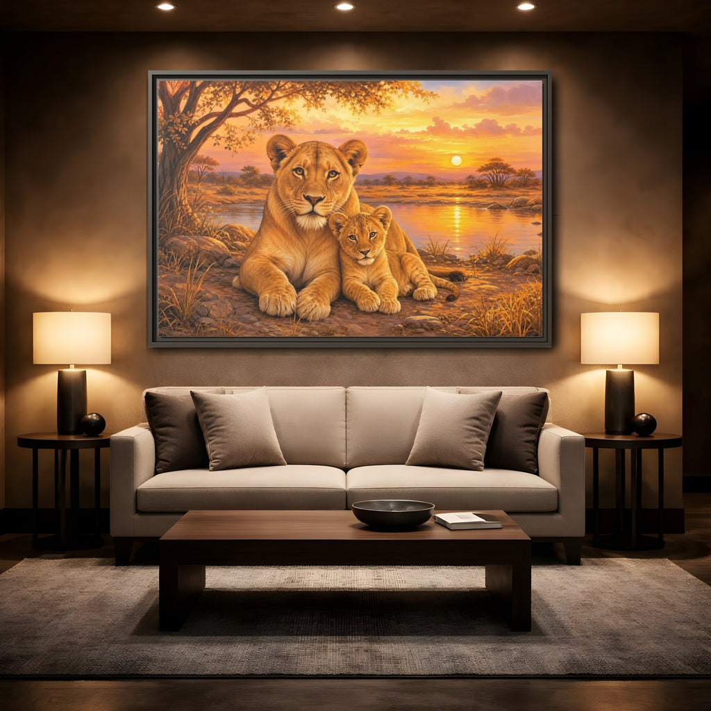Mockup 2. Animals Lioness And Cub Orange Sunset shown as stretched canvas wall art