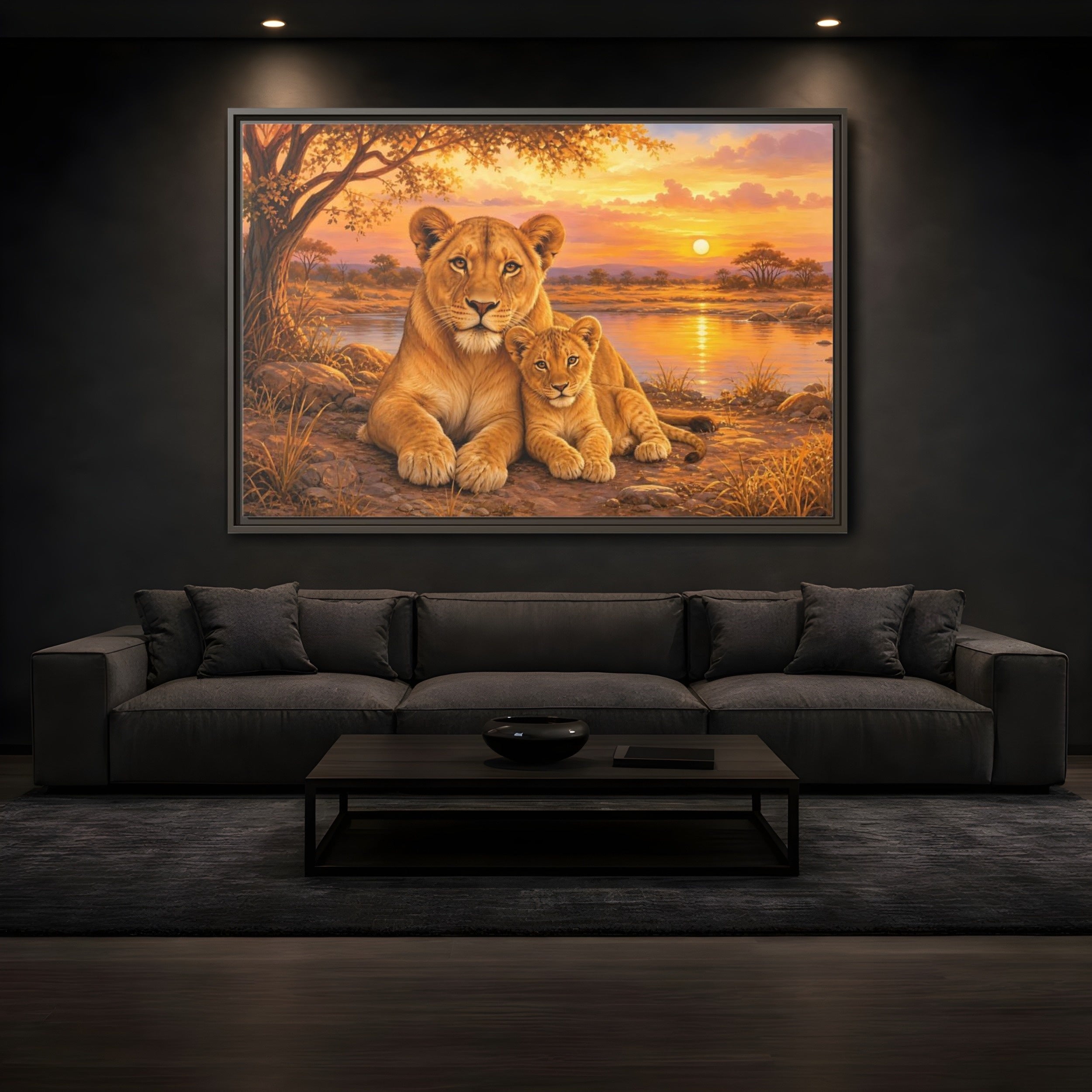 Mockup 3. Animals Lioness And Cub Orange Sunset shown as stretched canvas wall art