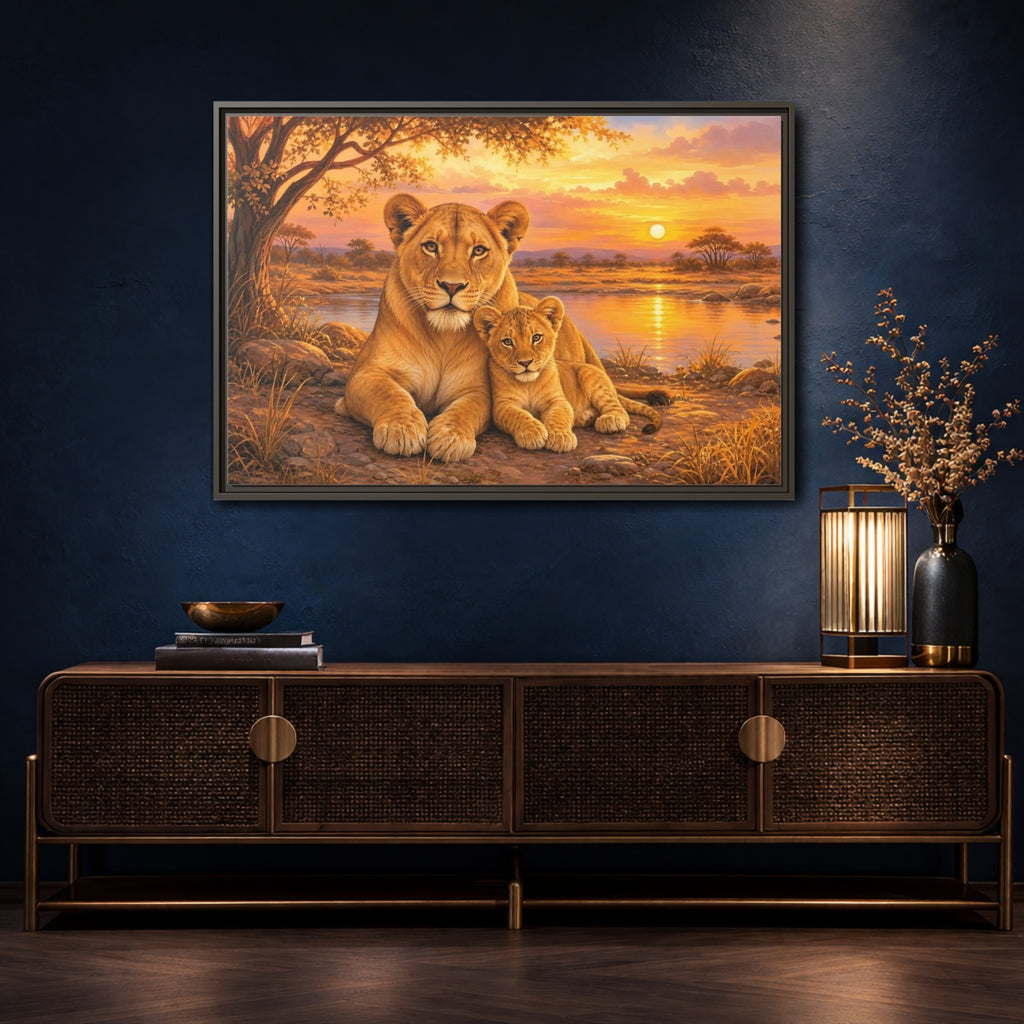 Mockup 4. Animals Lioness And Cub Orange Sunset shown as stretched canvas wall art