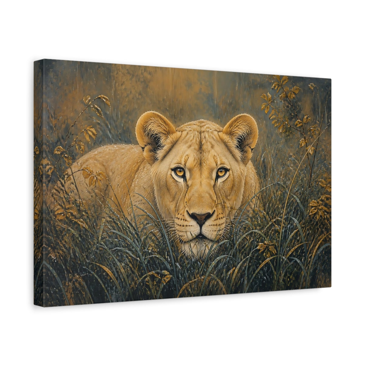 Side Mockup 4. Animals Lioness Brown And Gold shown as stretched canvas wall art