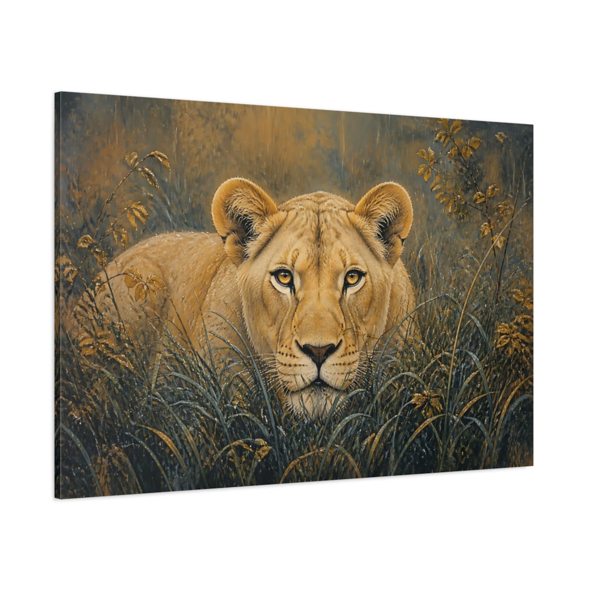Side Mockup 1. Animals Lioness Brown And Gold shown as stretched canvas wall art