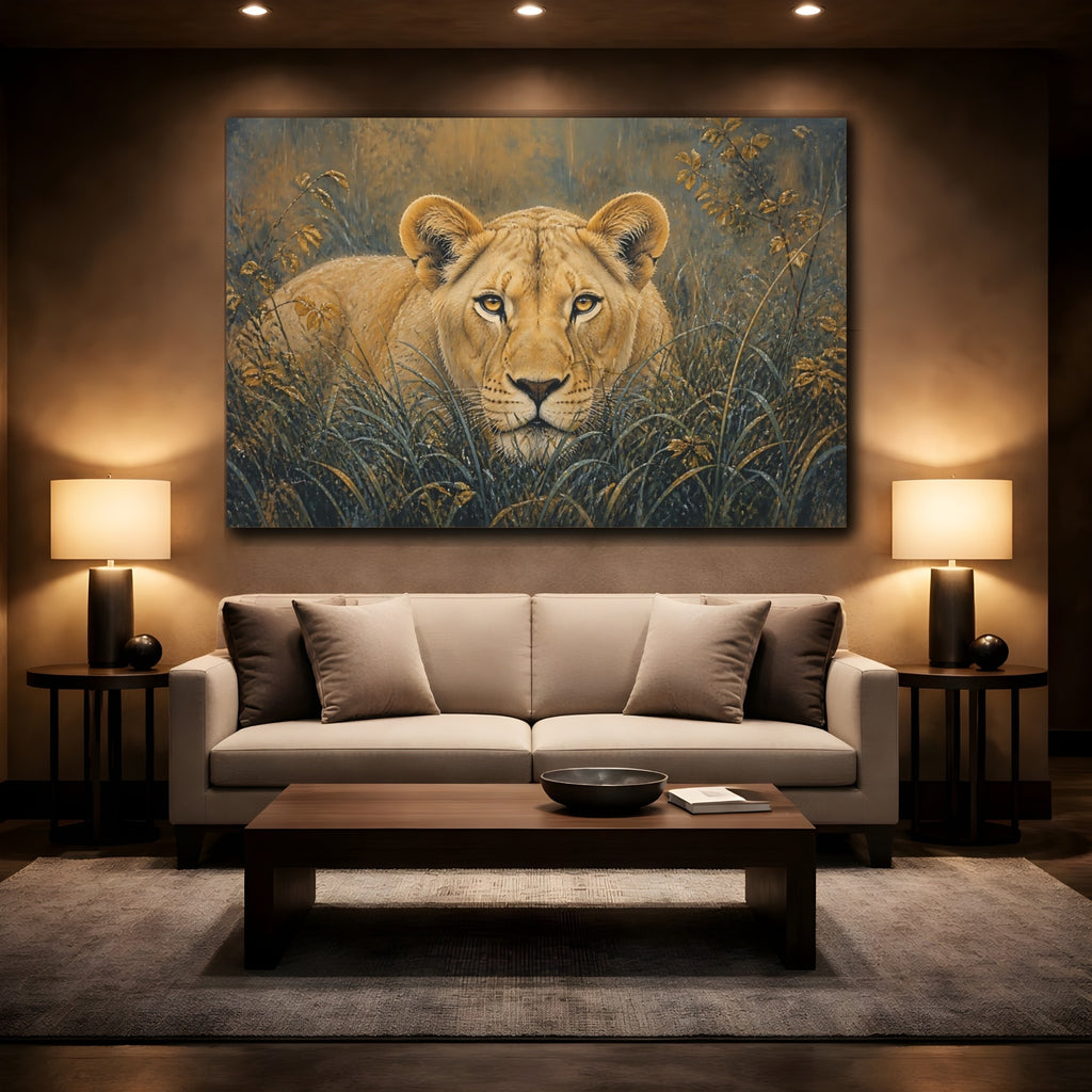 Mockup 2. Animals Lioness Brown And Gold shown as stretched canvas wall art