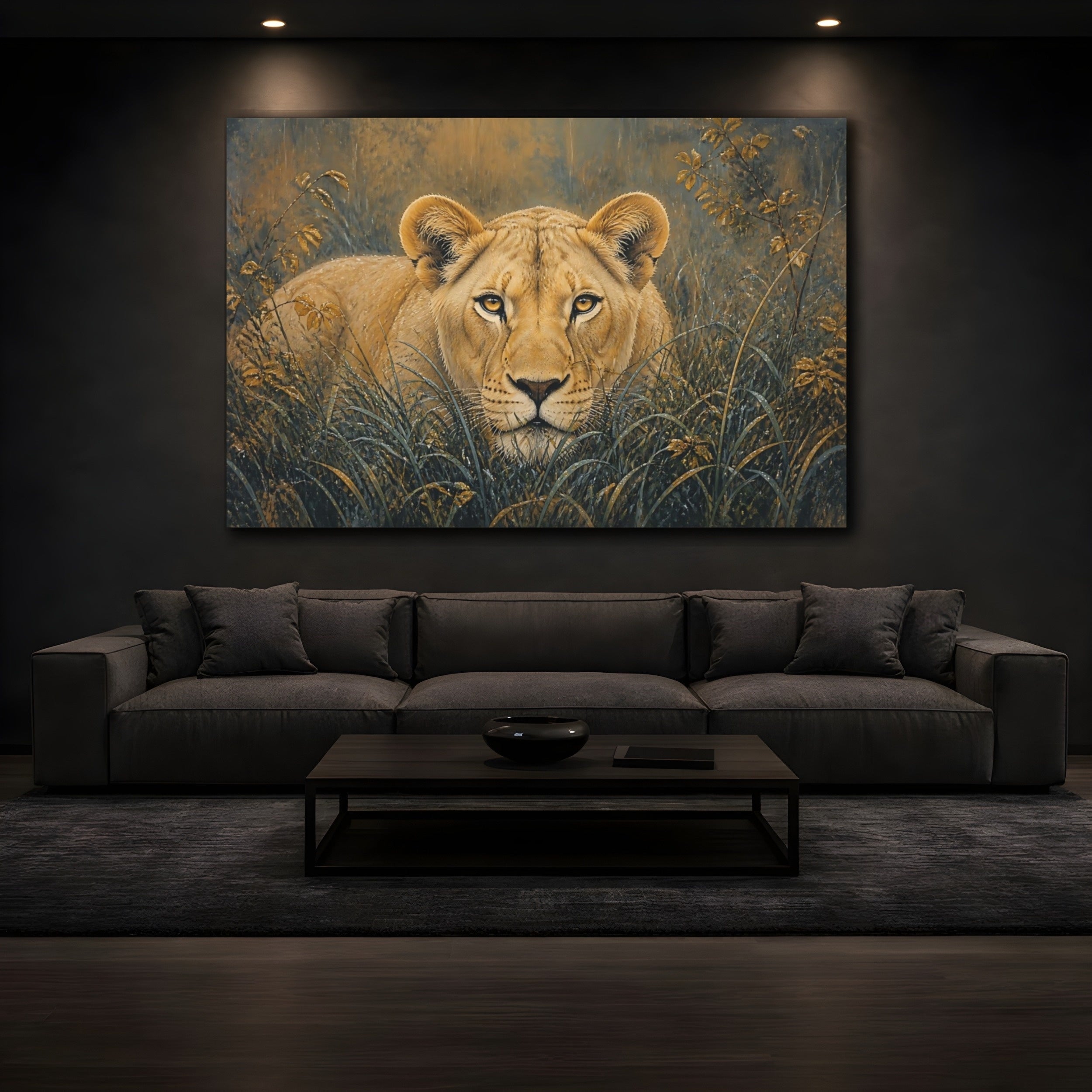 Mockup 3. Animals Lioness Brown And Gold shown as stretched canvas wall art