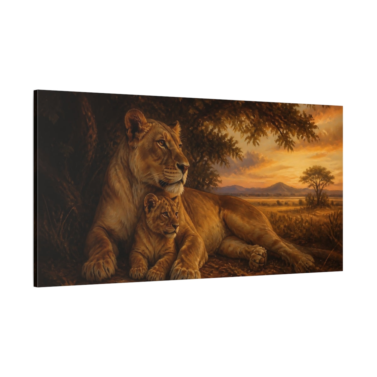 Side Mockup 2. Animals Lioness, Cub Brown And Orange shown as stretched canvas wall art