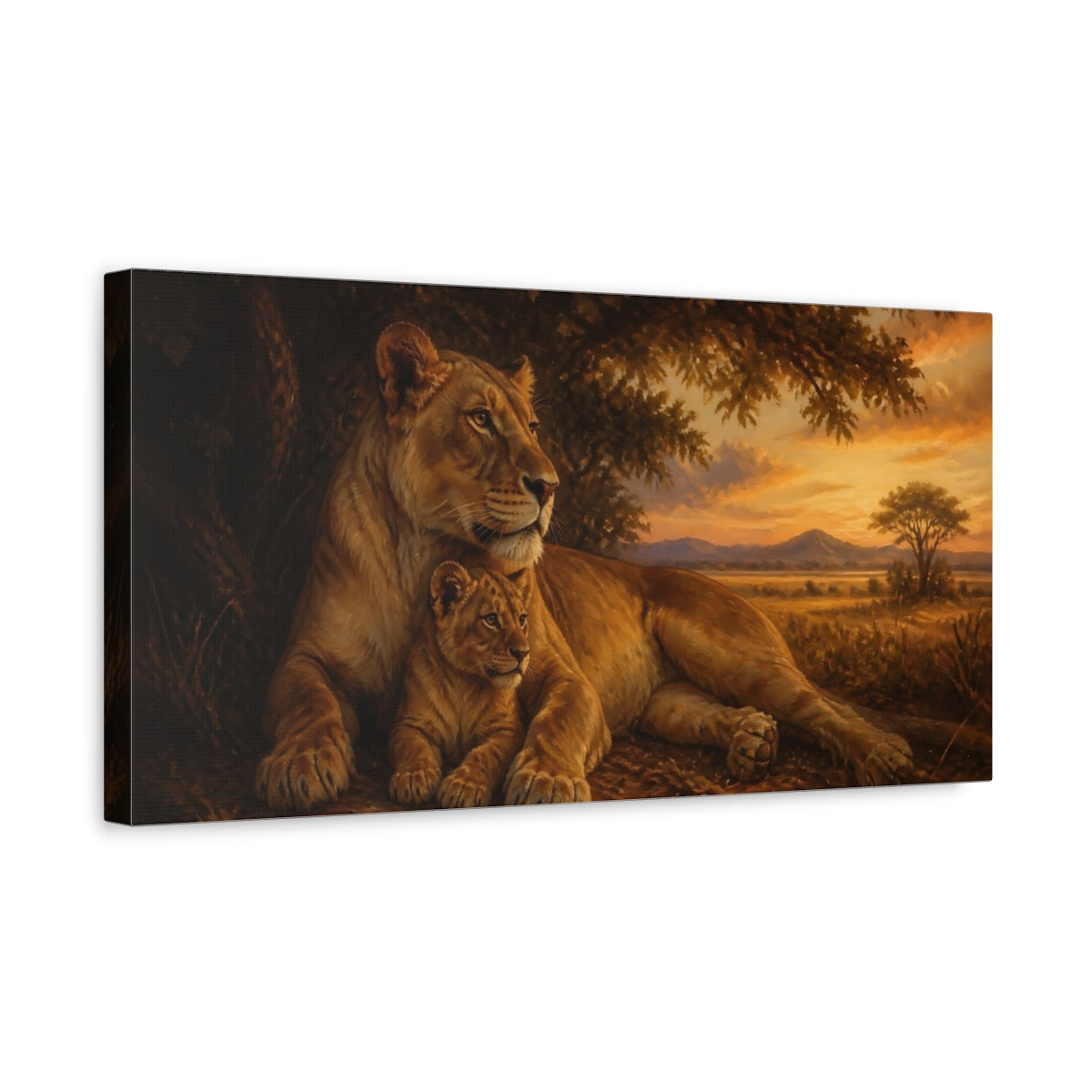 Side Mockup 3. Animals Lioness, Cub Brown And Orange shown as stretched canvas wall art