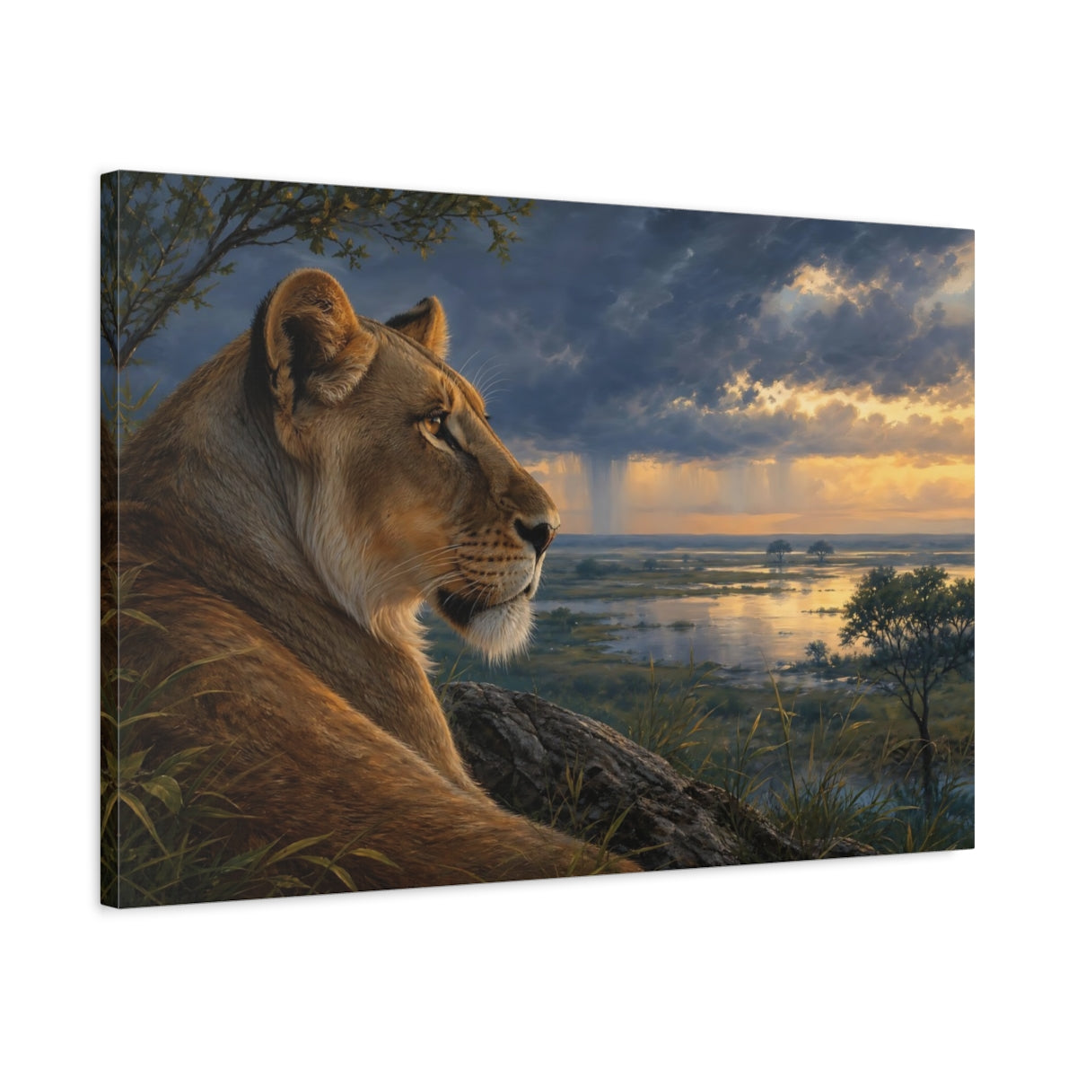 Side Mockup 2. Animals Lioness Golden Lioness shown as stretched canvas wall art