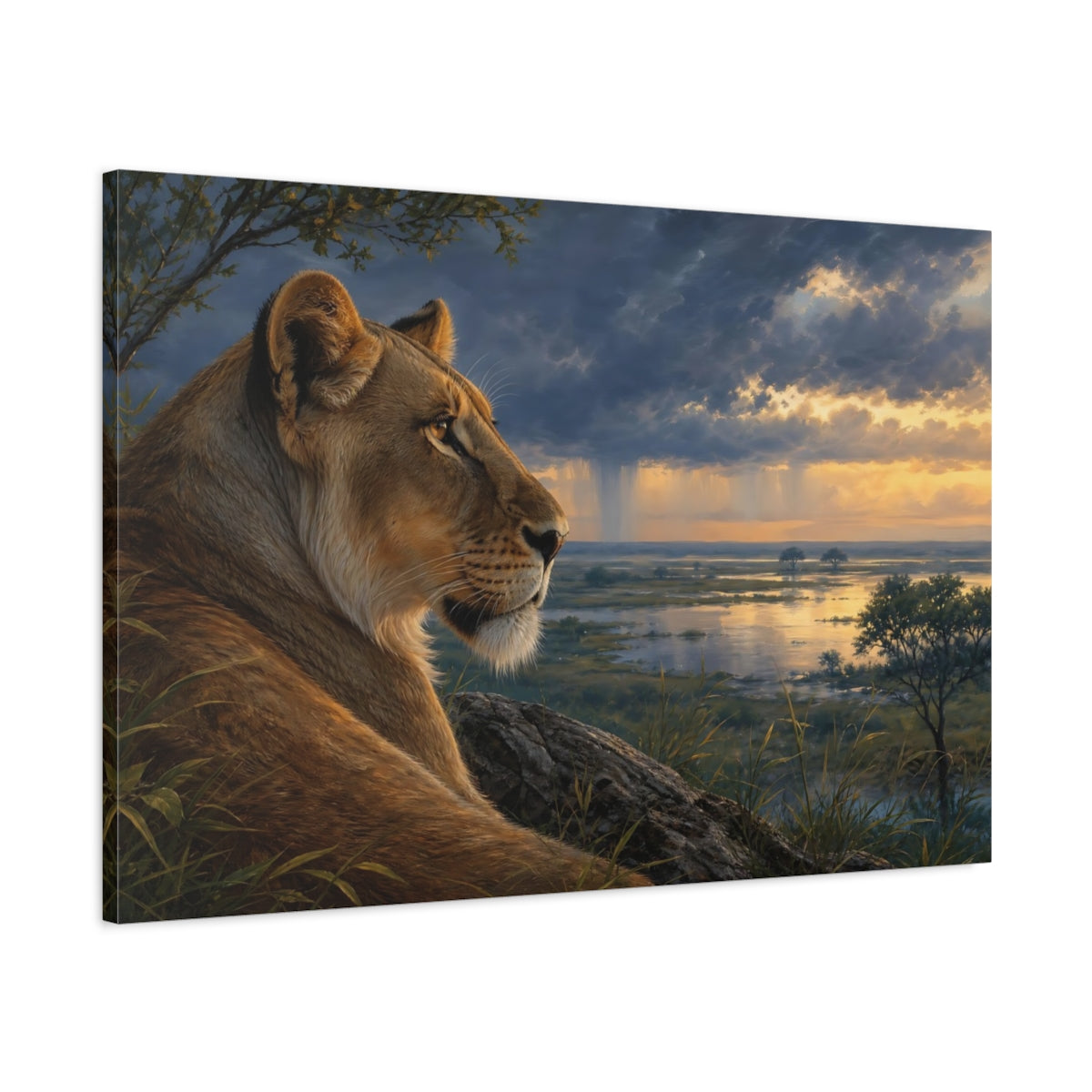 Main Mockup. Animals Lioness Golden Lioness shown as stretched canvas wall art