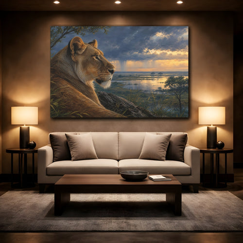 Mockup 2. Animals Lioness Golden Lioness shown as stretched canvas wall art