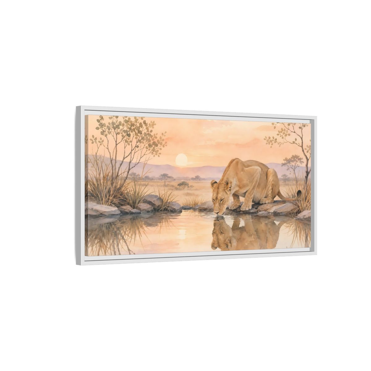 Side Mockup 1. Animals Lioness Orange And Brown shown as stretched canvas wall art