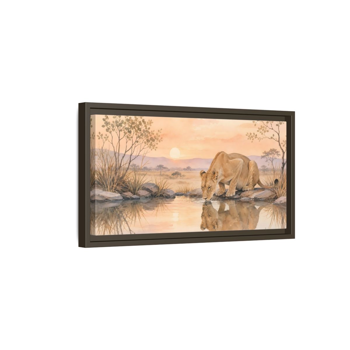 Side Mockup 7. Animals Lioness Orange And Brown shown as stretched canvas wall art