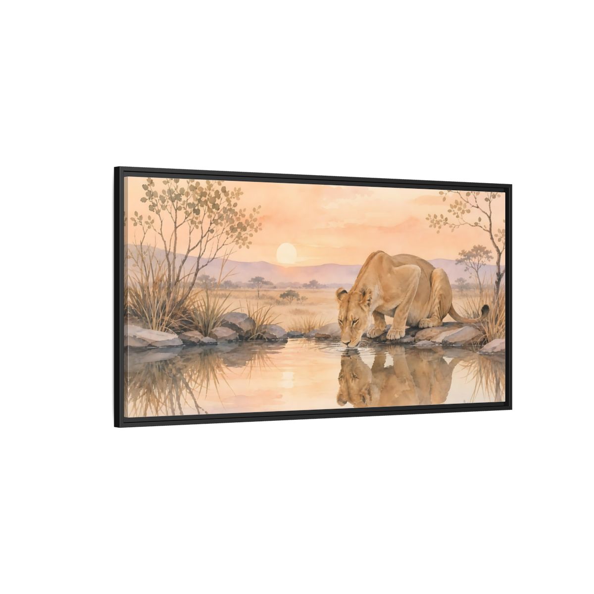 Side Mockup 5. Animals Lioness Orange And Brown shown as stretched canvas wall art