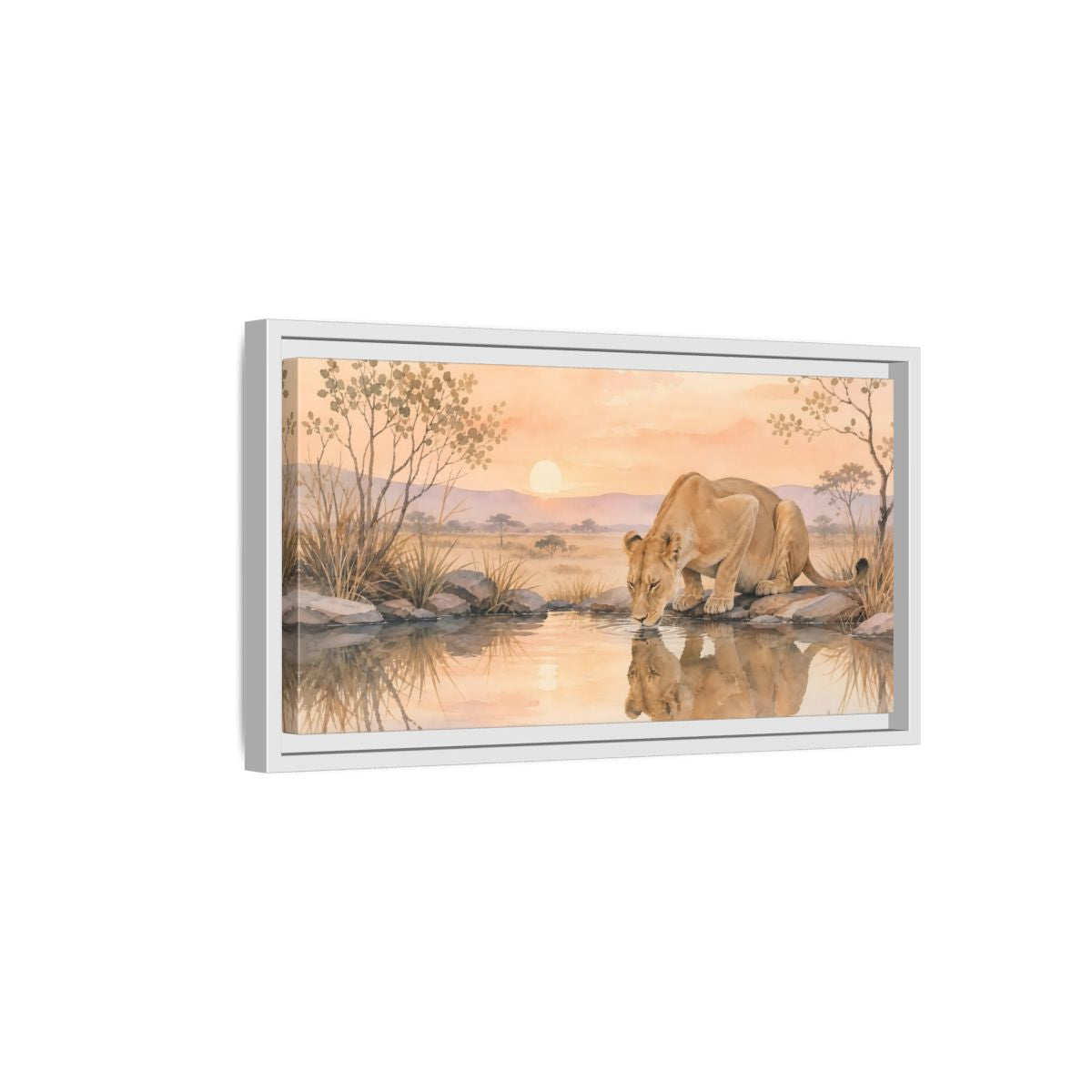 Side Mockup 6. Animals Lioness Orange And Brown shown as stretched canvas wall art