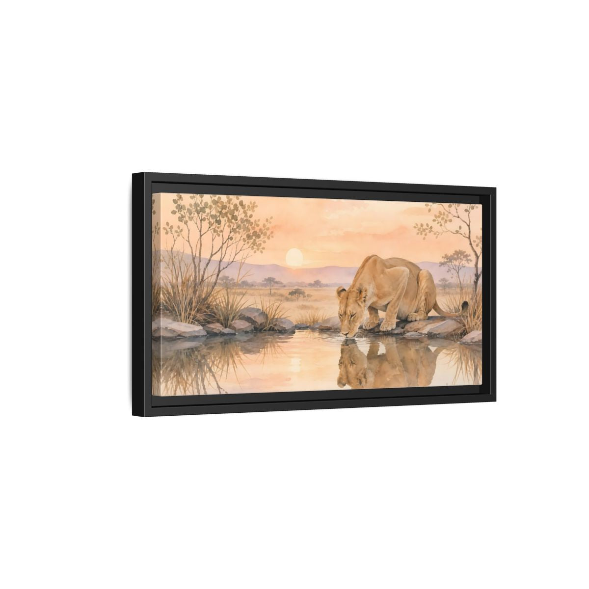 Side Mockup 8. Animals Lioness Orange And Brown shown as stretched canvas wall art