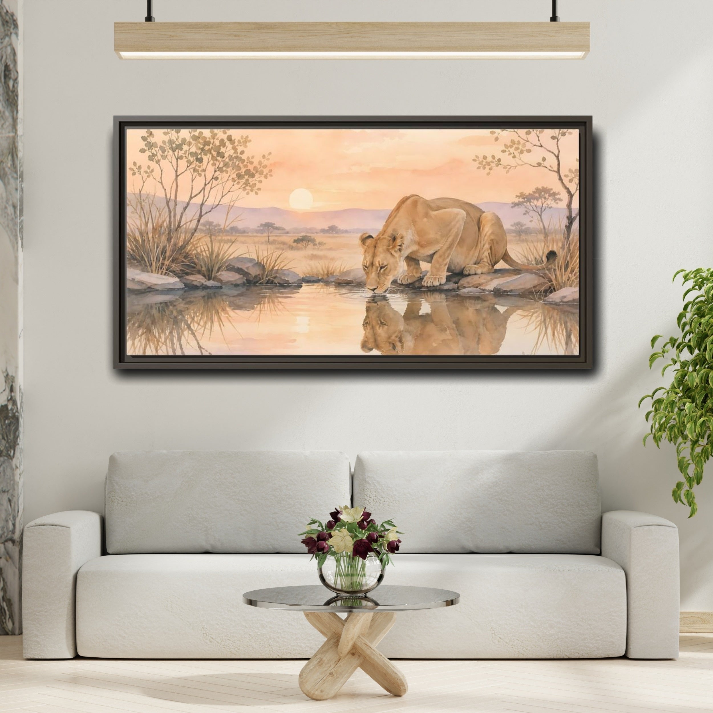 Mockup 2. Animals Lioness Orange And Brown shown as stretched canvas wall art
