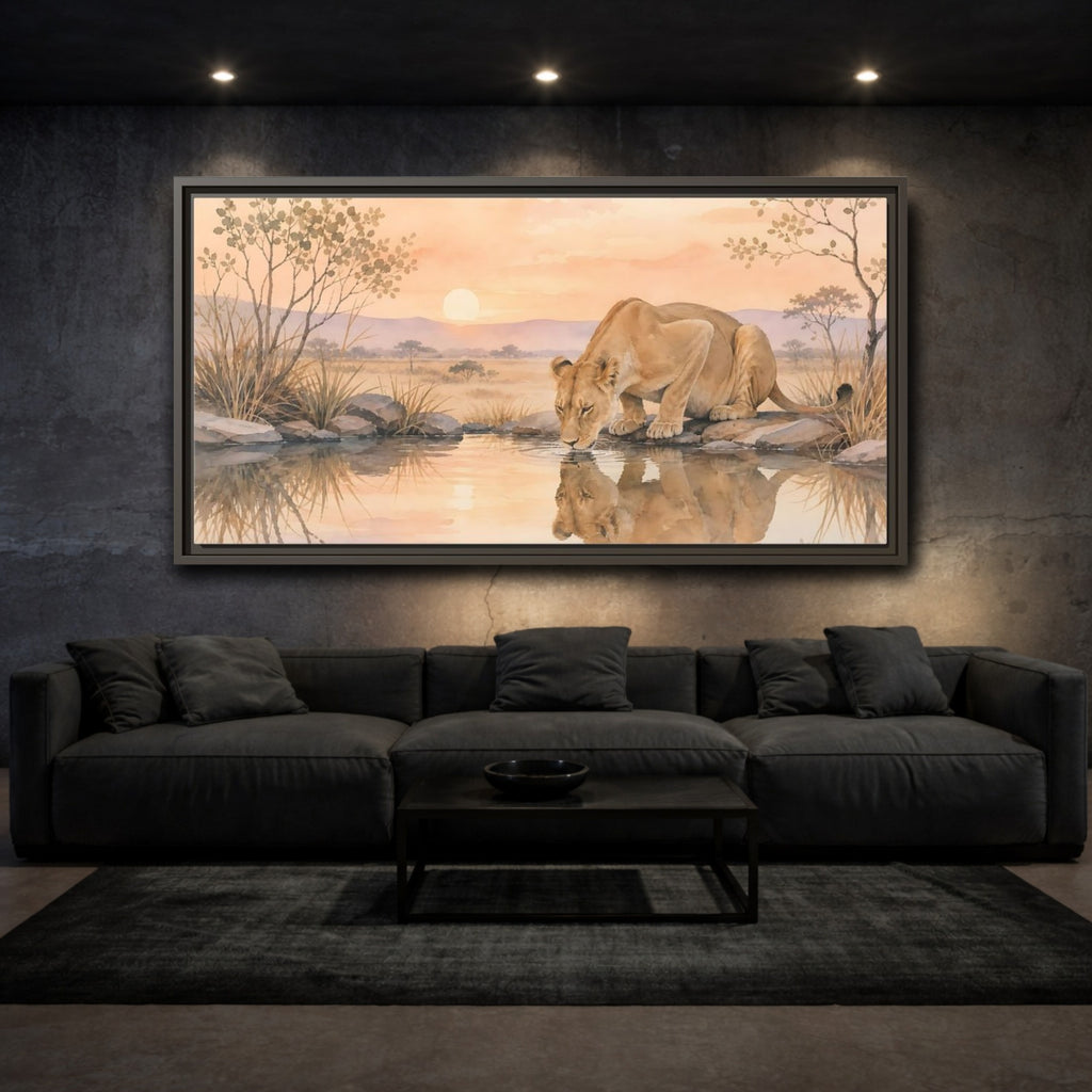 Mockup 3. Animals Lioness Orange And Brown shown as stretched canvas wall art
