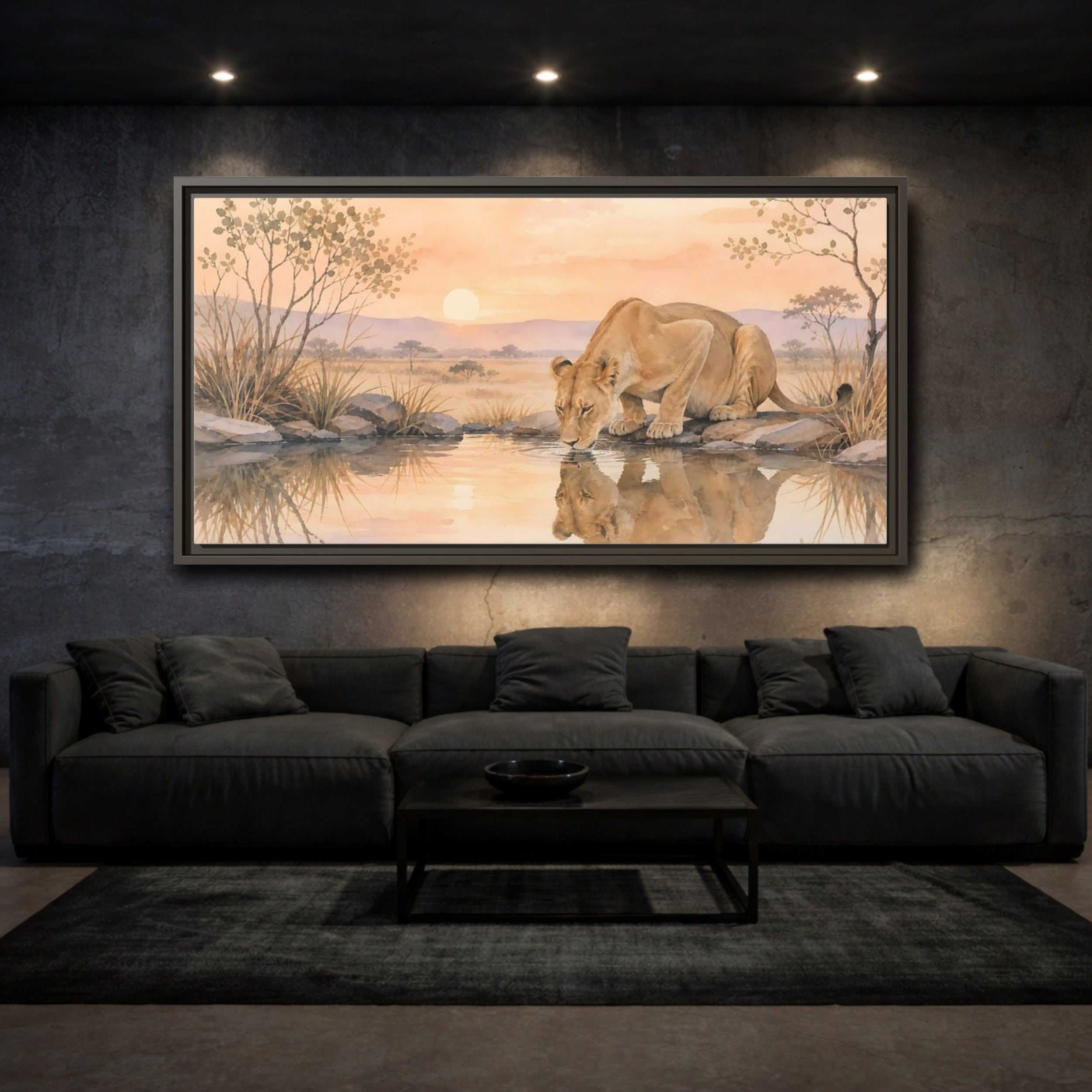 Mockup 3. Animals Lioness Orange And Brown shown as stretched canvas wall art