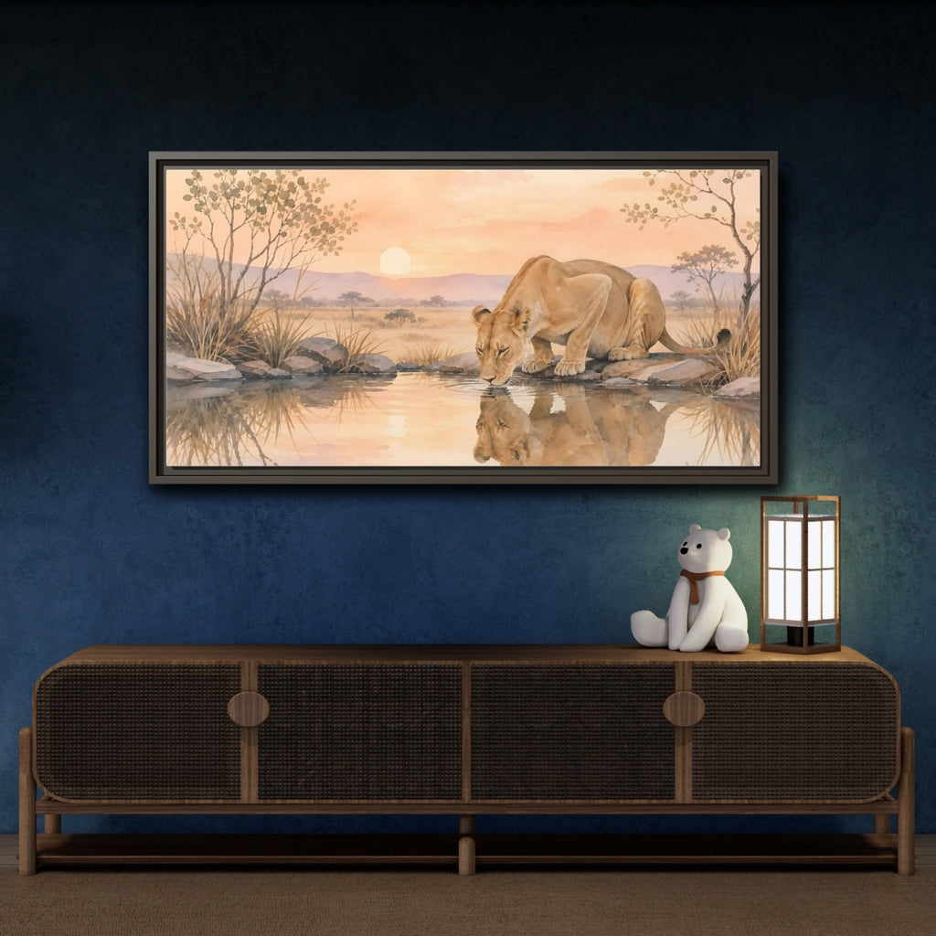 Mockup 4. Animals Lioness Orange And Brown shown as stretched canvas wall art