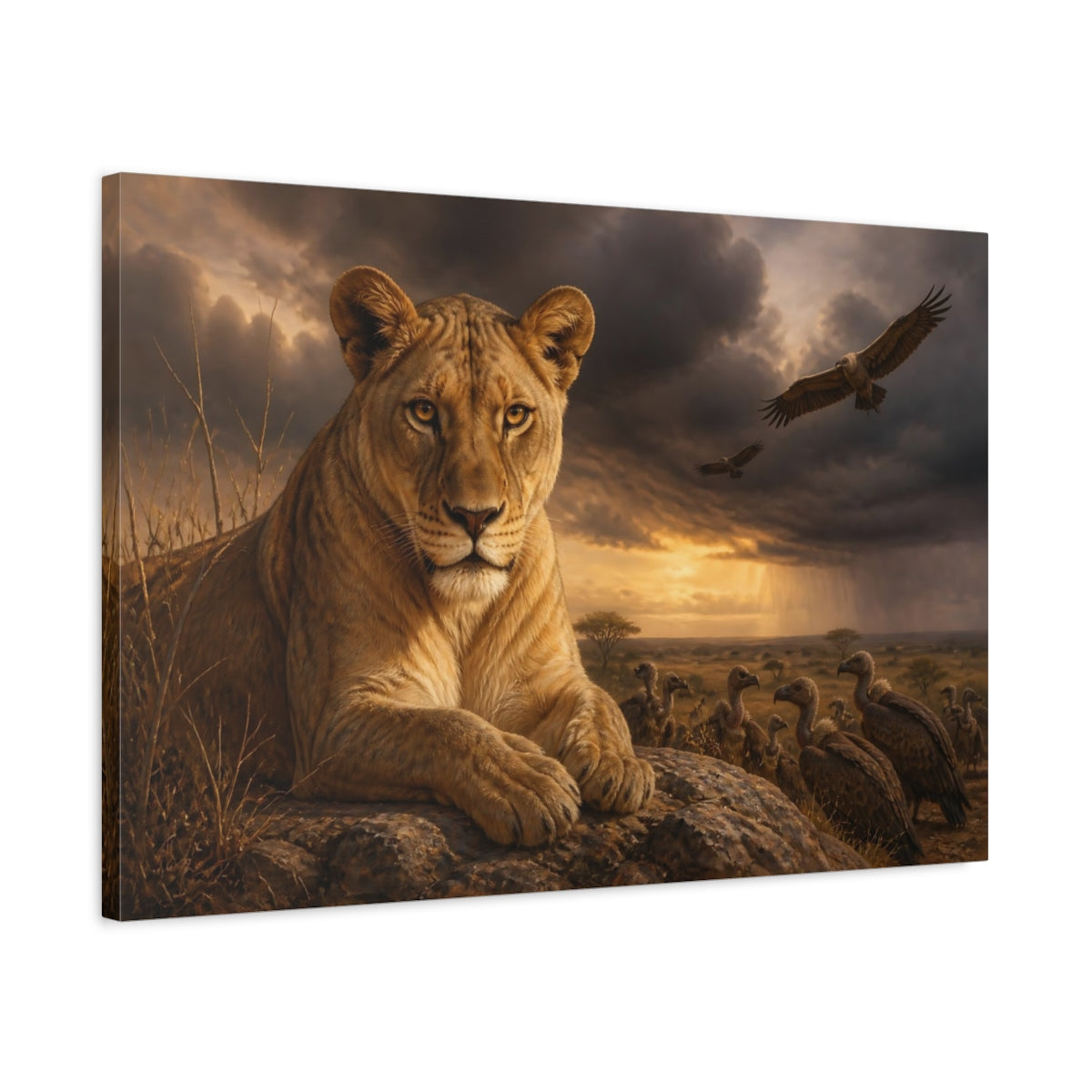 Side Mockup 2. Animals Lioness Wildlife Brown shown as stretched canvas wall art