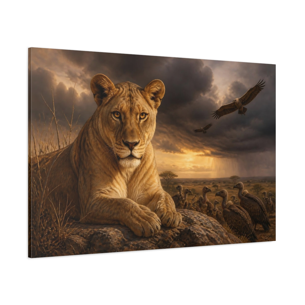 Side Mockup 1. Animals Lioness Wildlife Brown shown as stretched canvas wall art