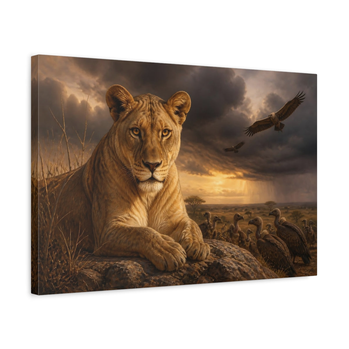 Side Mockup 3. Animals Lioness Wildlife Brown shown as stretched canvas wall art