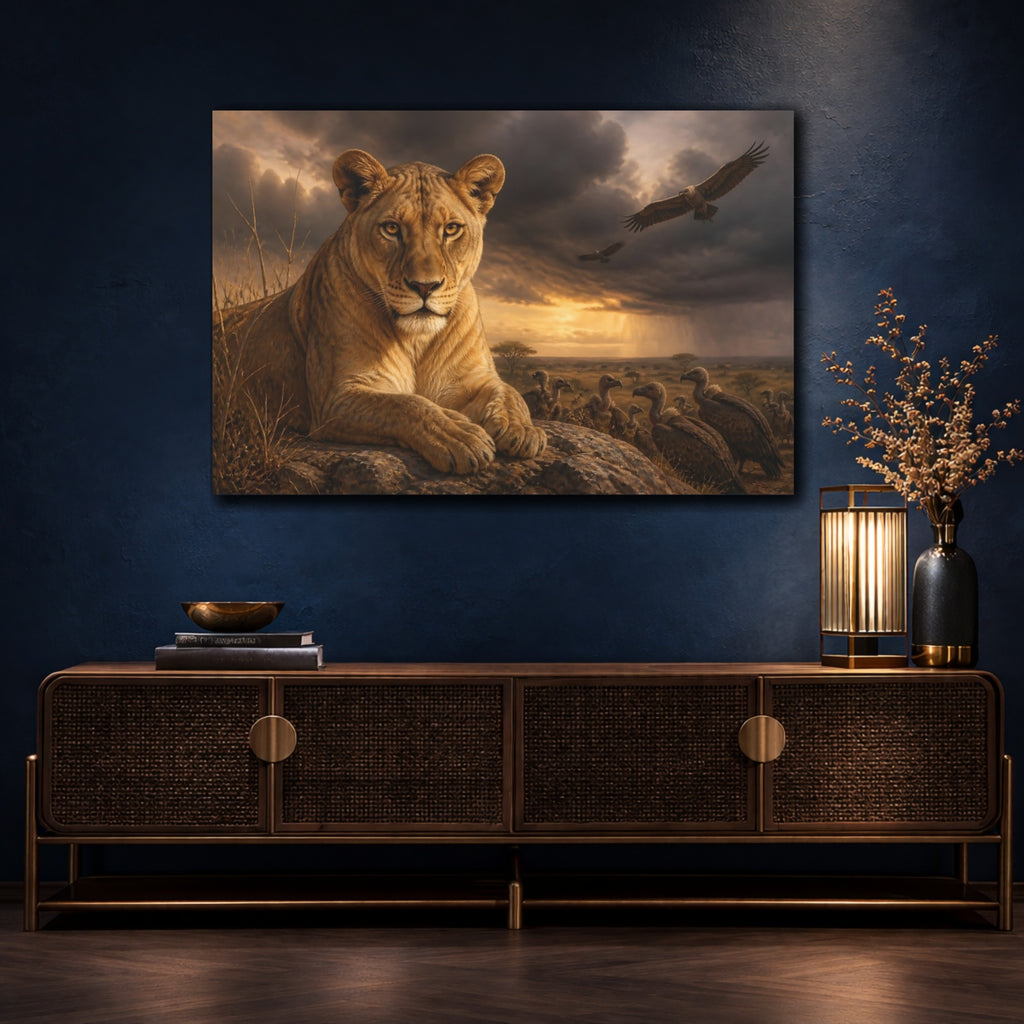 Mockup 4. Animals Lioness Wildlife Brown shown as stretched canvas wall art