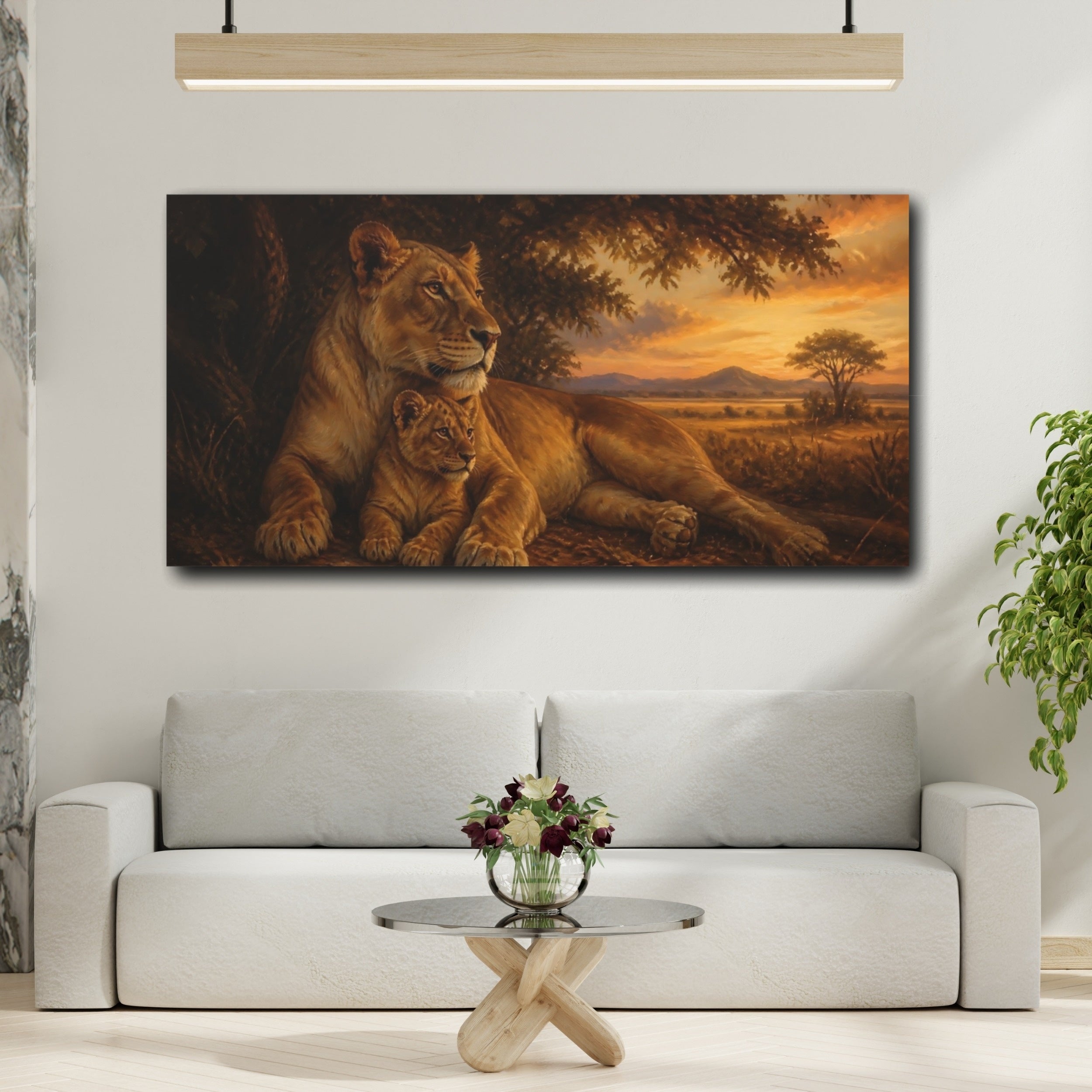 Mockup 2. Animals Lioness, Cub Brown And Orange shown as stretched canvas wall art