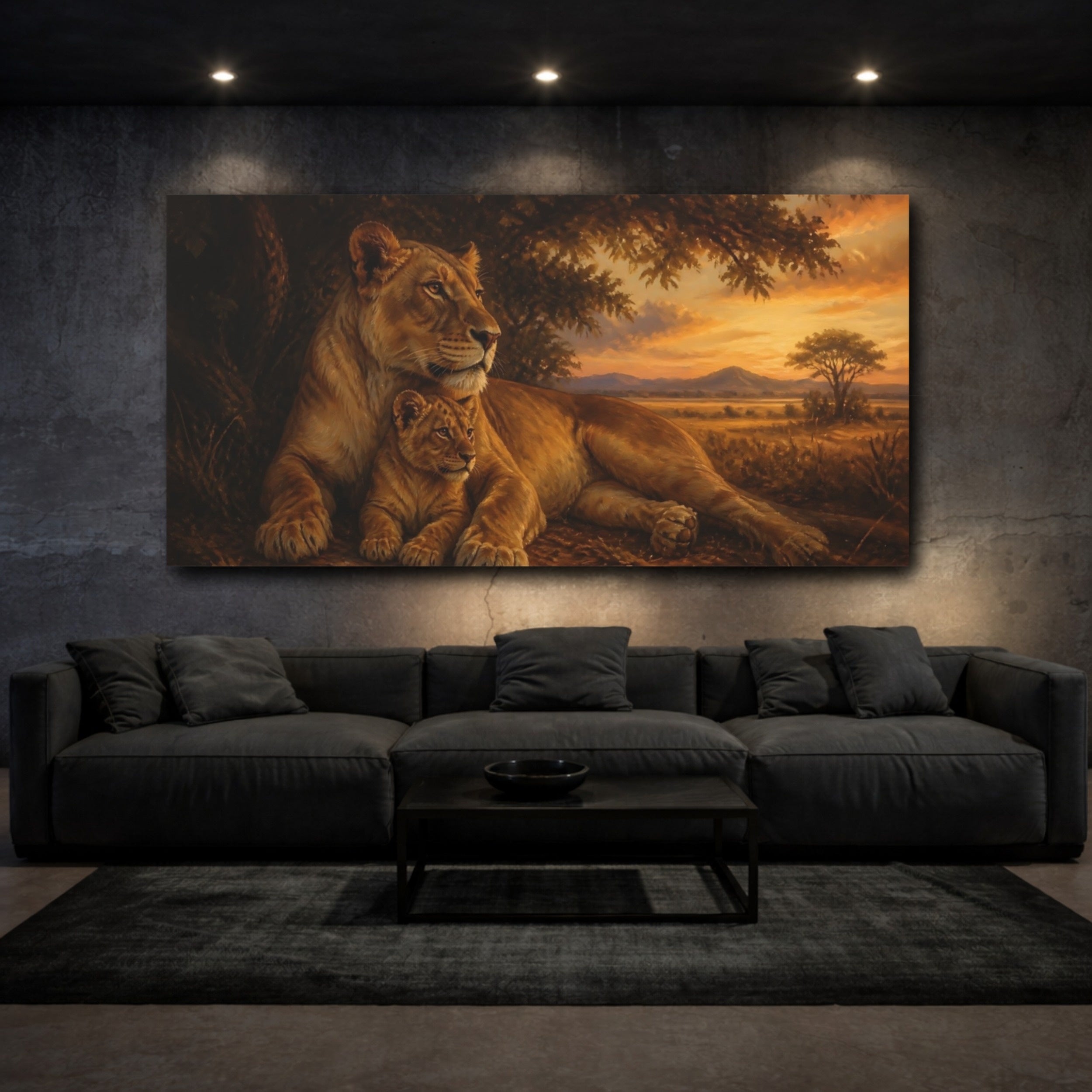 Mockup 3. Animals Lioness, Cub Brown And Orange shown as stretched canvas wall art