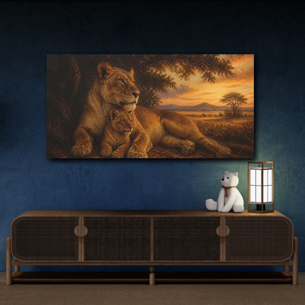 Mockup 4. Animals Lioness, Cub Brown And Orange shown as stretched canvas wall art