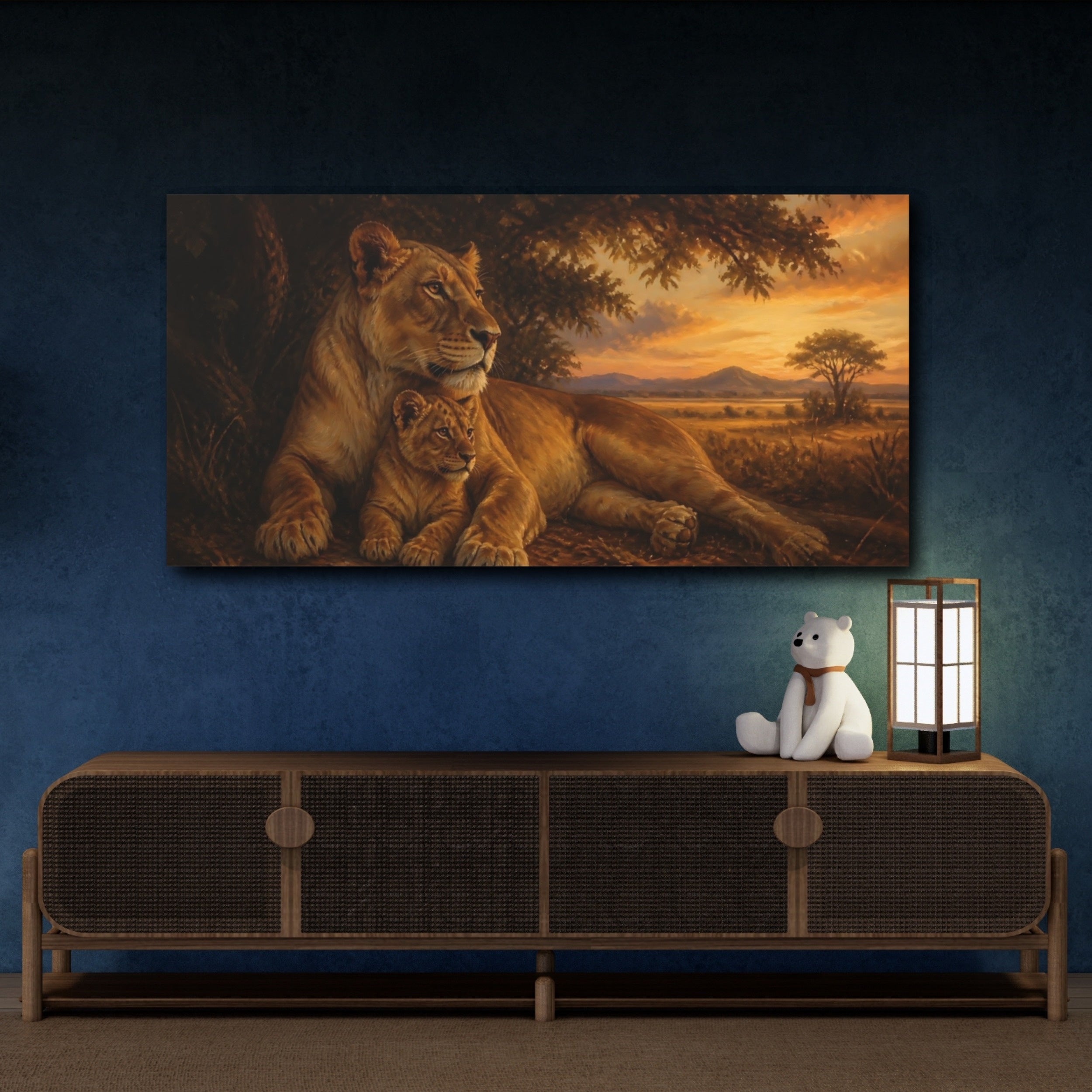 Mockup 4. Animals Lioness, Cub Brown And Orange shown as stretched canvas wall art