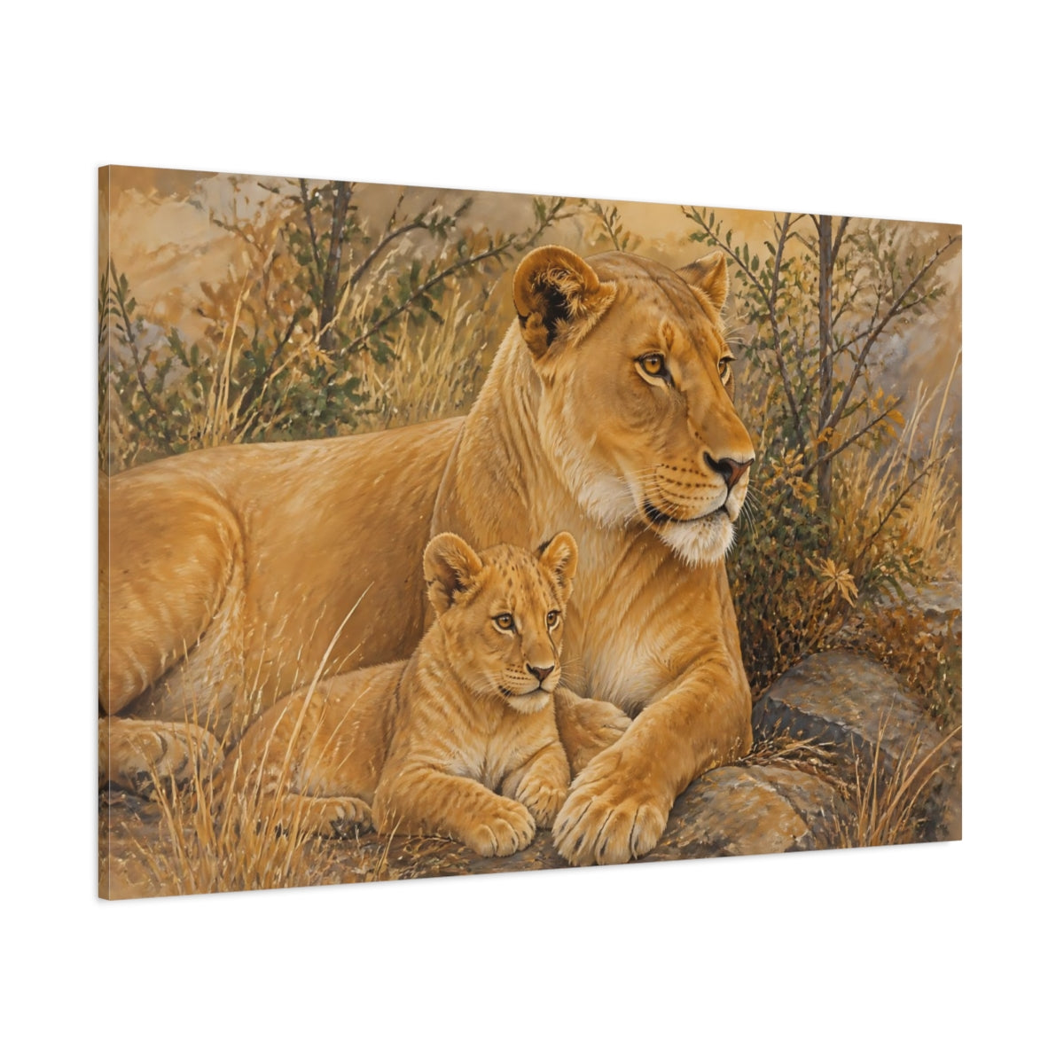 Side Mockup 1. Animals Lions Brown Gold Lions shown as canvas print