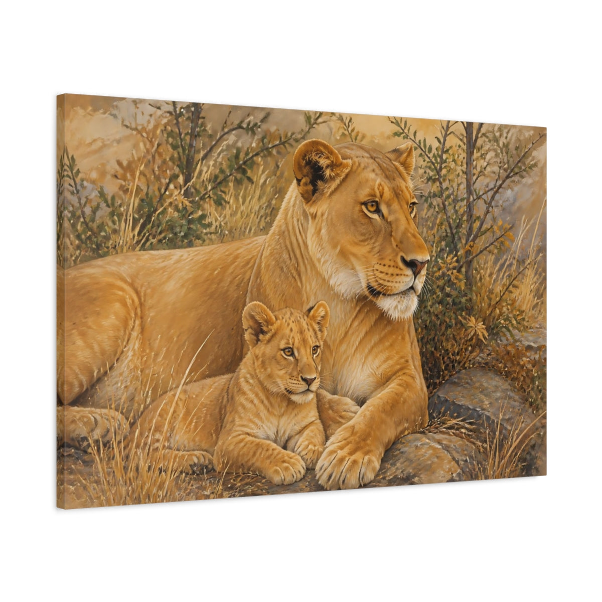 Main Mockup. Animals Lions Brown Gold Lions shown as canvas print