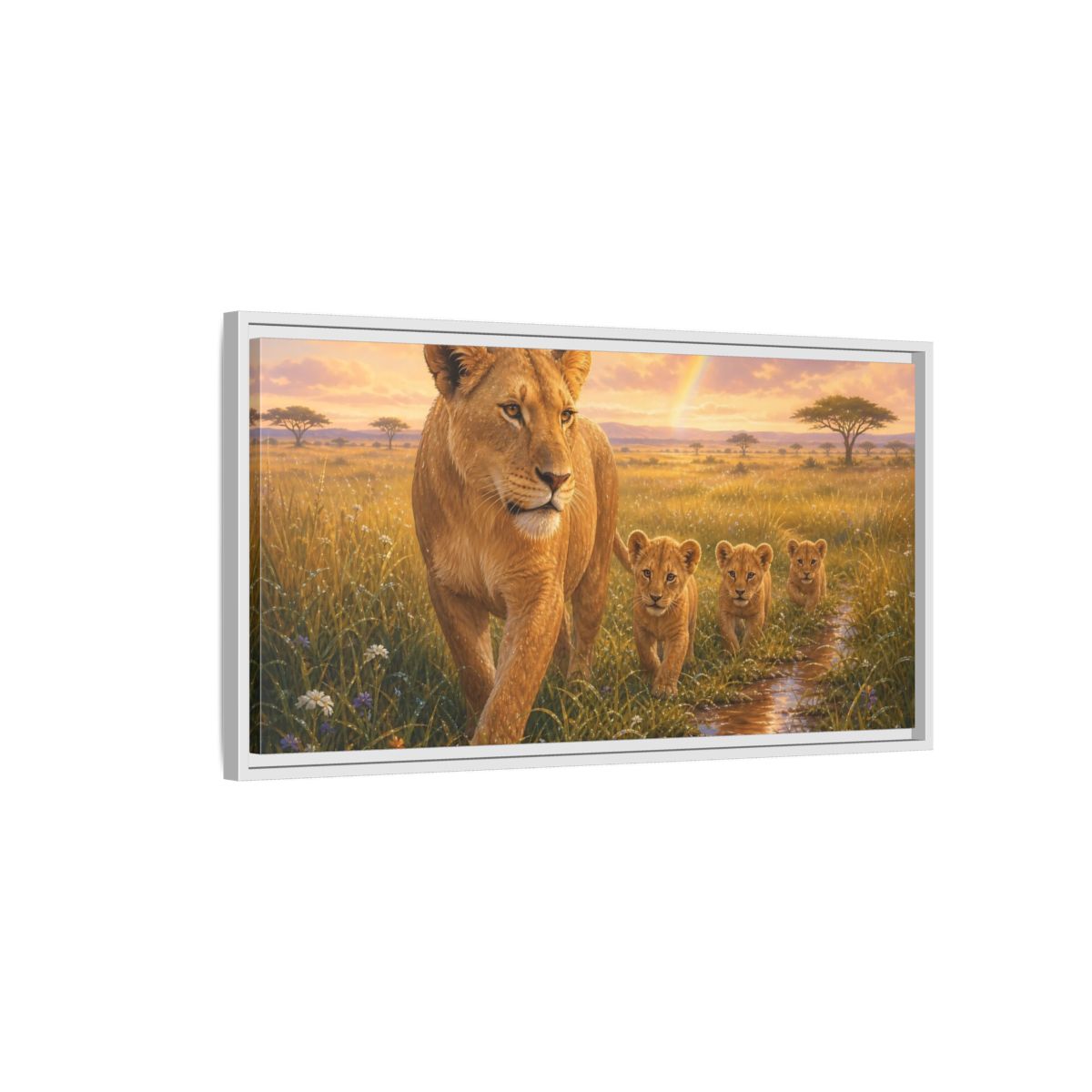 Side Mockup 1. Animals Lions Golden Lions shown as stretched canvas wall art