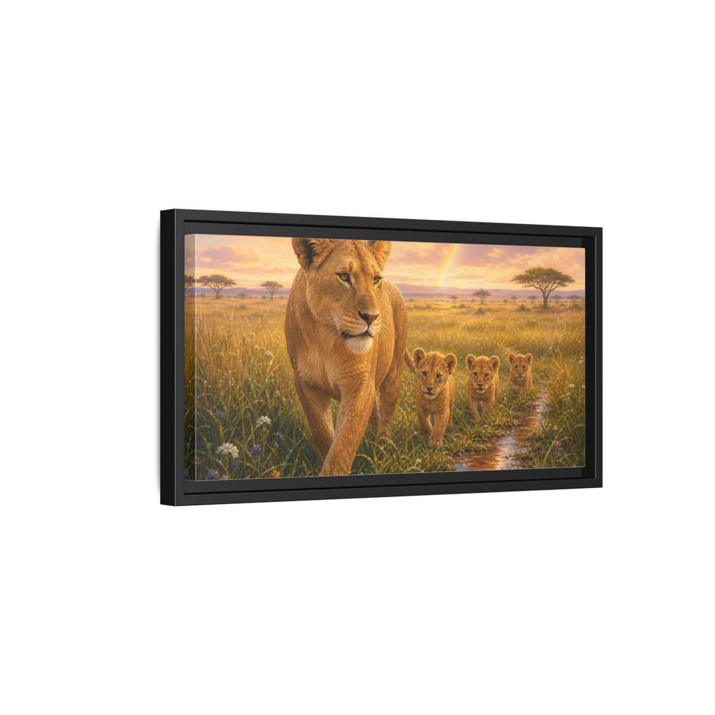 Side Mockup 8. Animals Lions Golden Lions shown as stretched canvas wall art