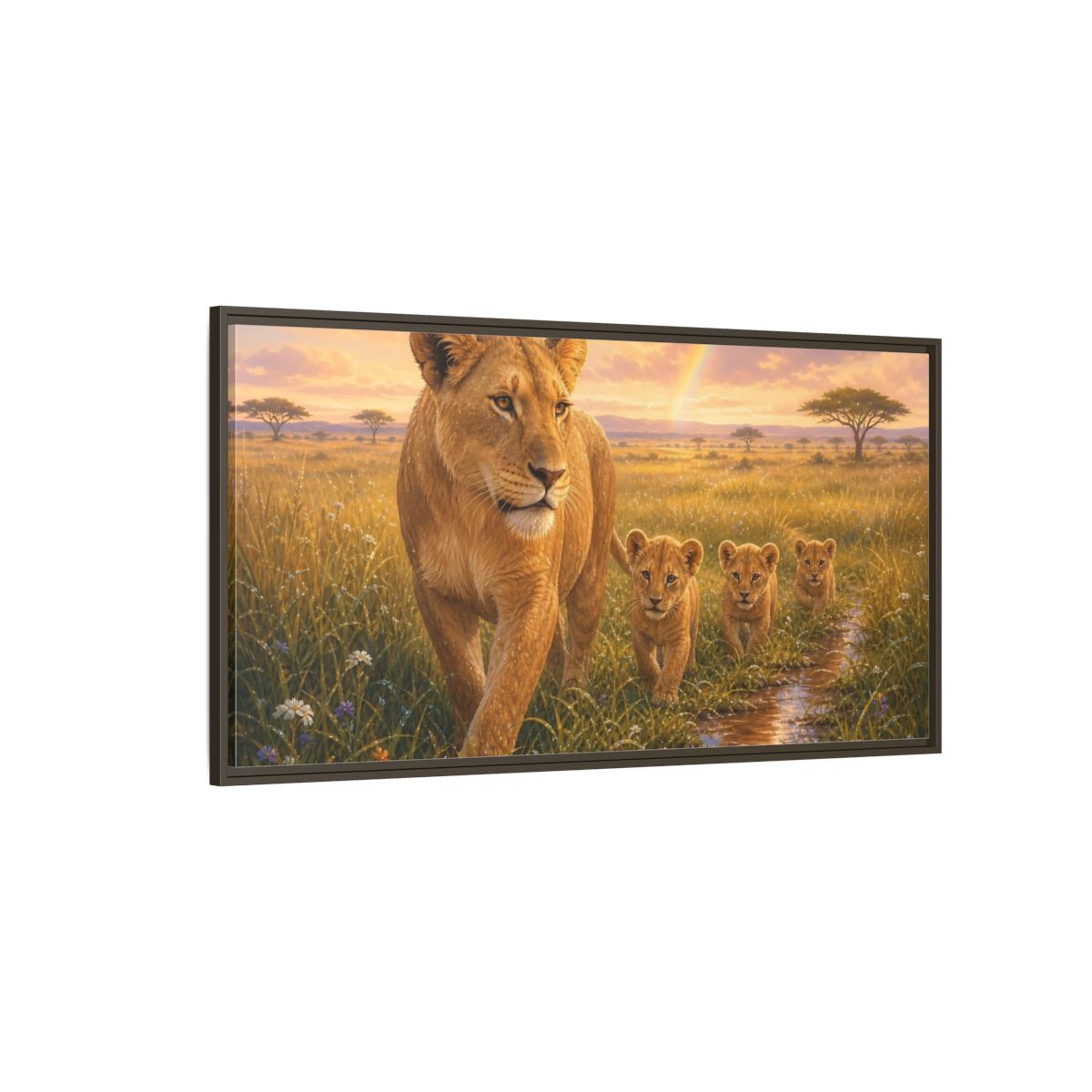Side Mockup 4. Animals Lions Golden Lions shown as stretched canvas wall art