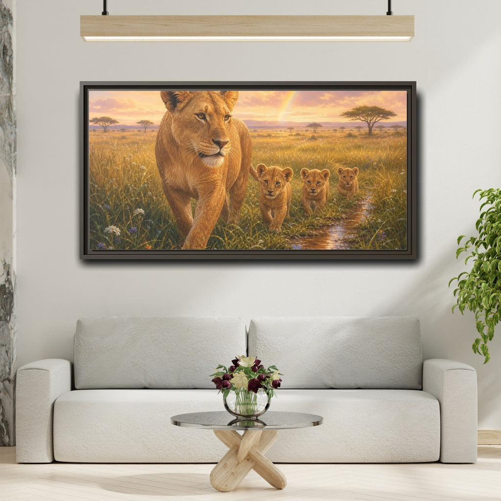 Mockup 2. Animals Lions Golden Lions shown as stretched canvas wall art