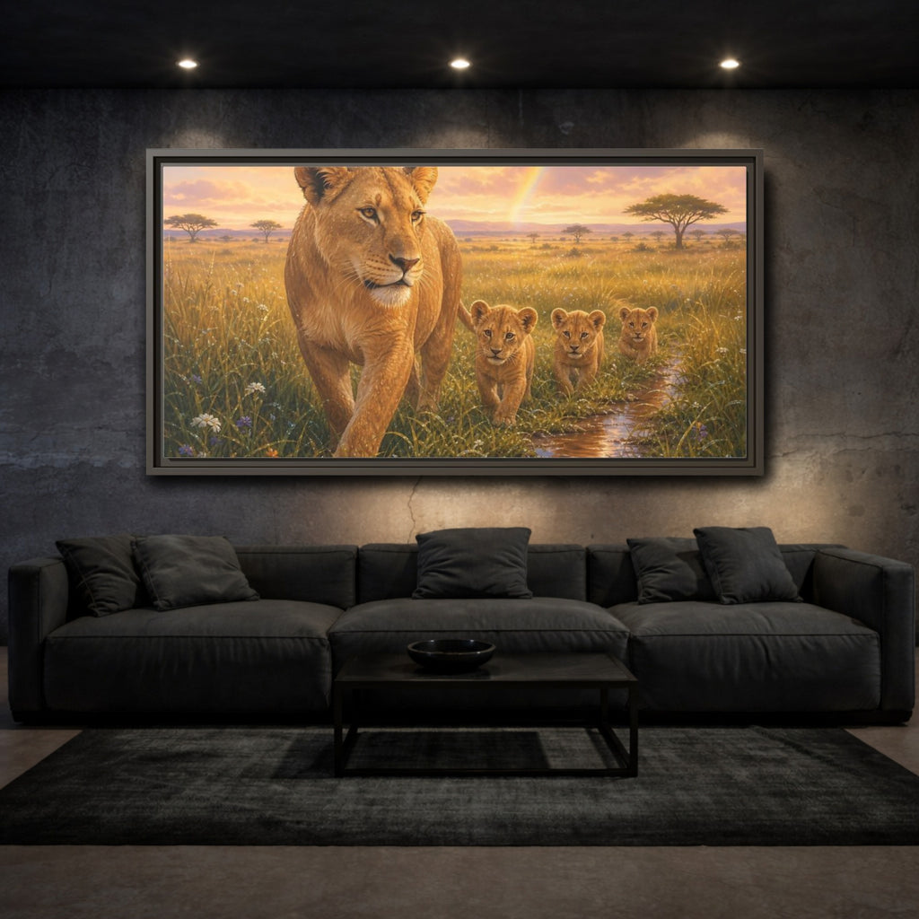 Mockup 3. Animals Lions Golden Lions shown as stretched canvas wall art