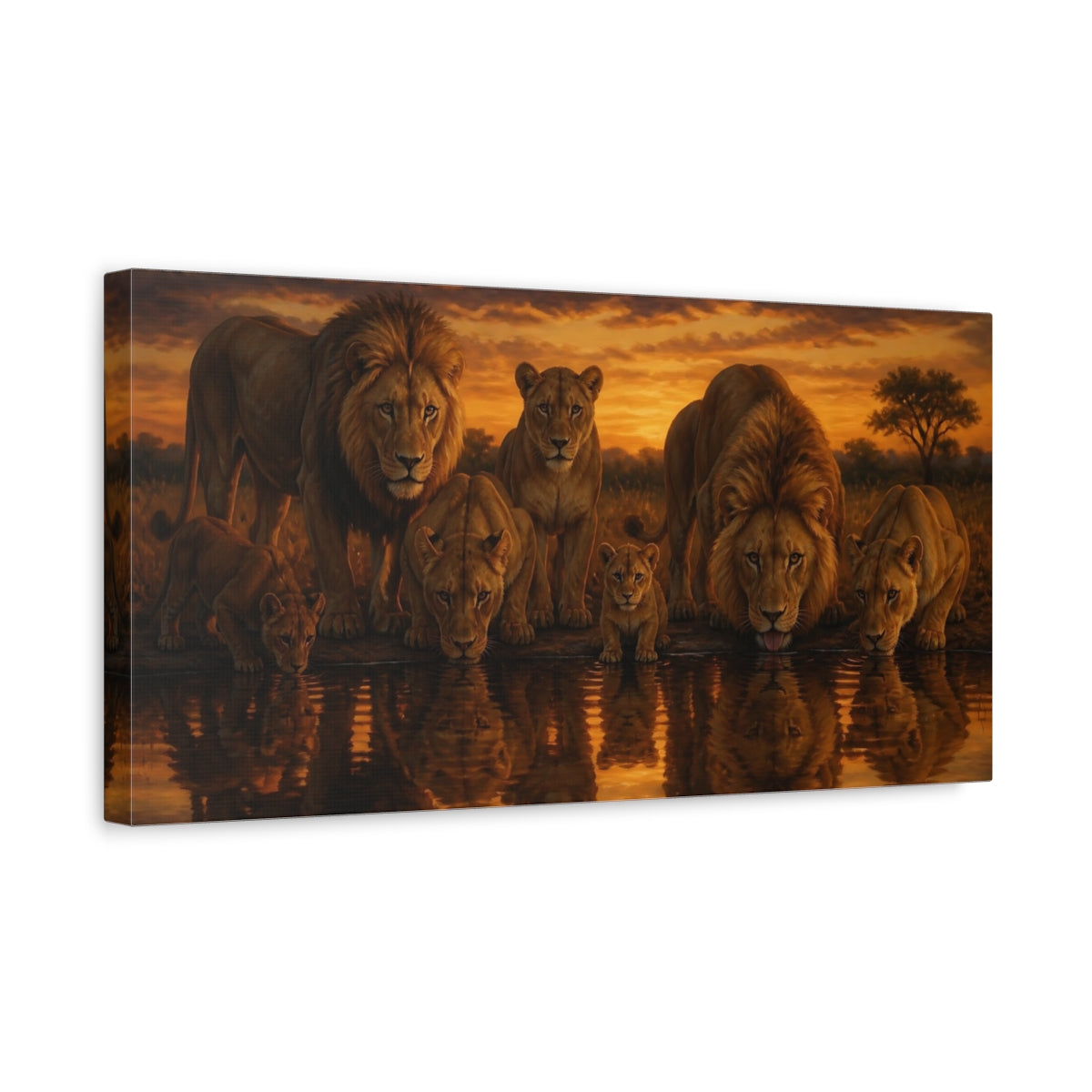 Side Mockup 3. Animals Lions Golden Sunset Lions shown as stretched canvas wall art