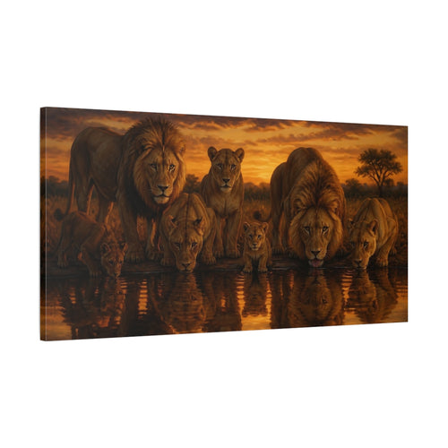 Main Mockup. Animals Lions Golden Sunset Lions shown as stretched canvas wall art