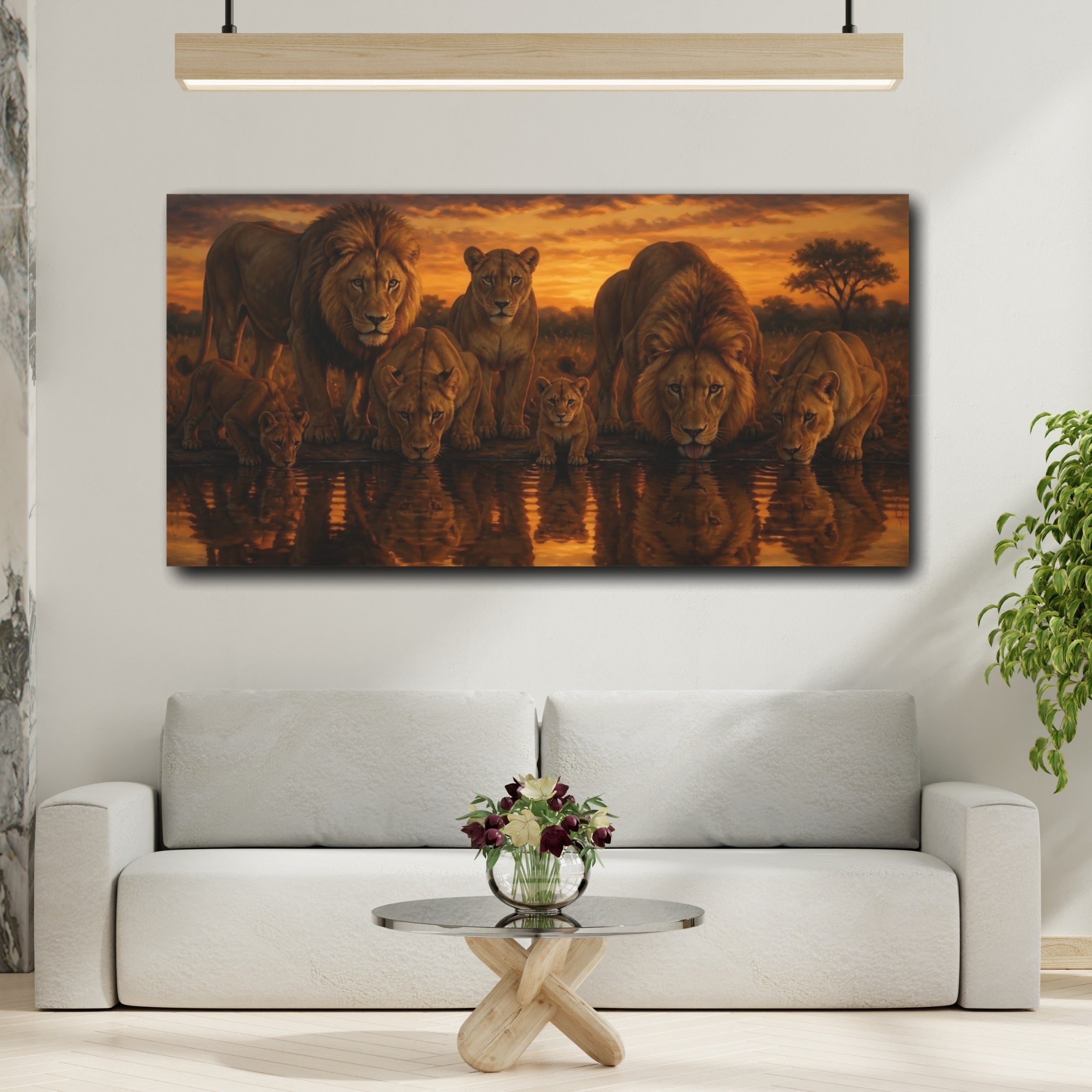 Mockup 2. Animals Lions Golden Sunset Lions shown as stretched canvas wall art