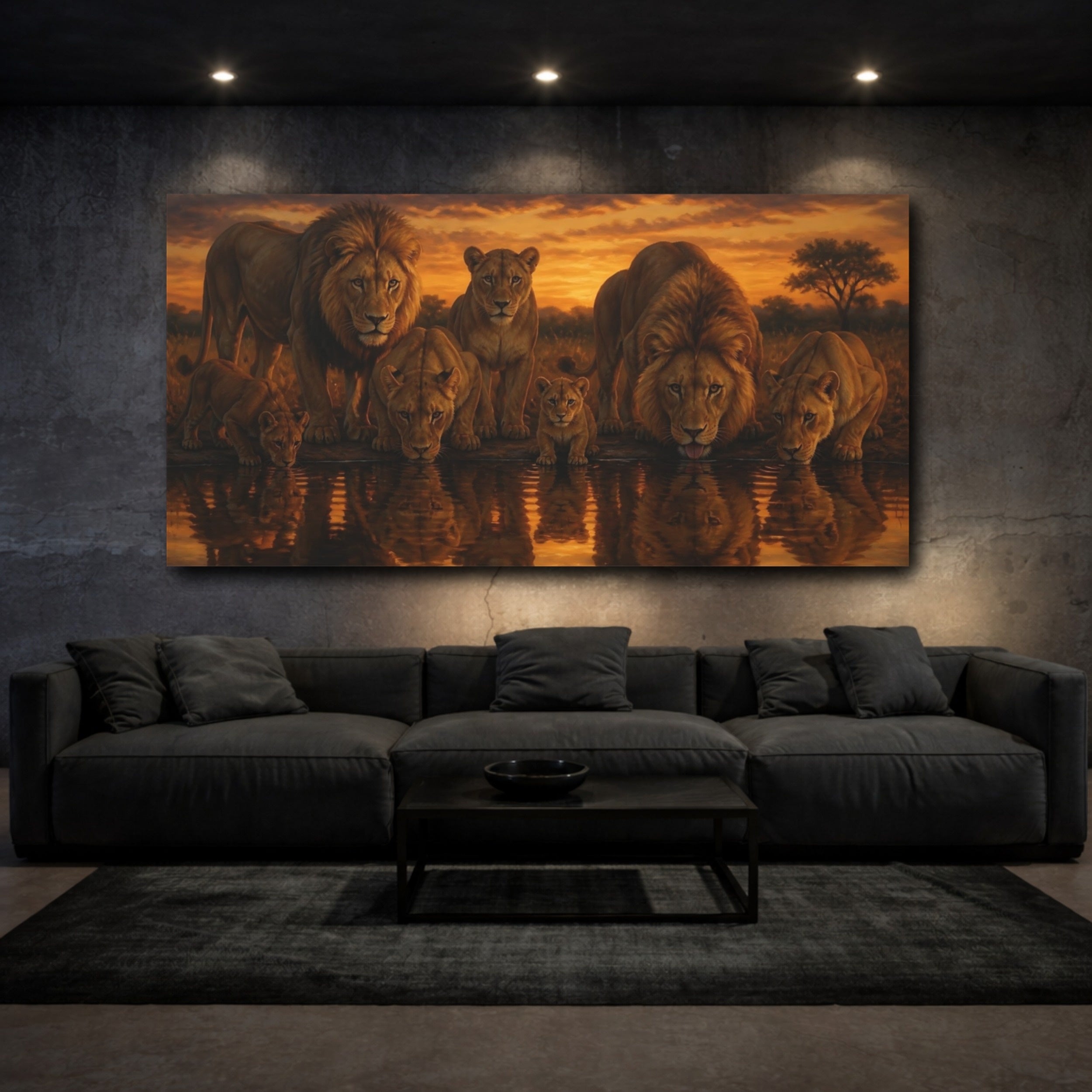Mockup 3. Animals Lions Golden Sunset Lions shown as stretched canvas wall art
