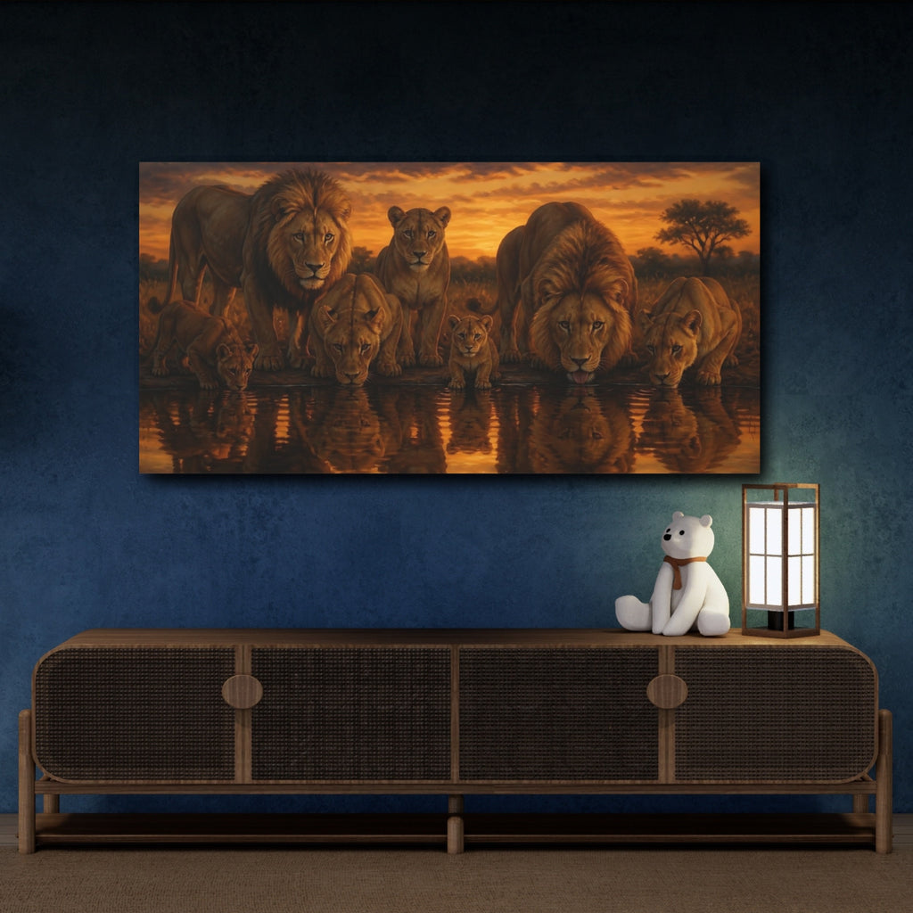 Mockup 4. Animals Lions Golden Sunset Lions shown as stretched canvas wall art
