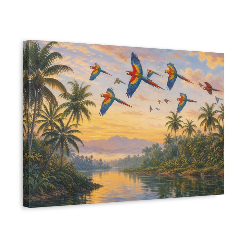 Side Mockup 4. Animals Macaw Birds Tropical Macaws shown as canvas print