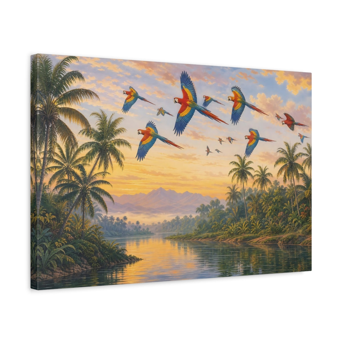 Side Mockup 3. Animals Macaw Birds Tropical Macaws shown as canvas print