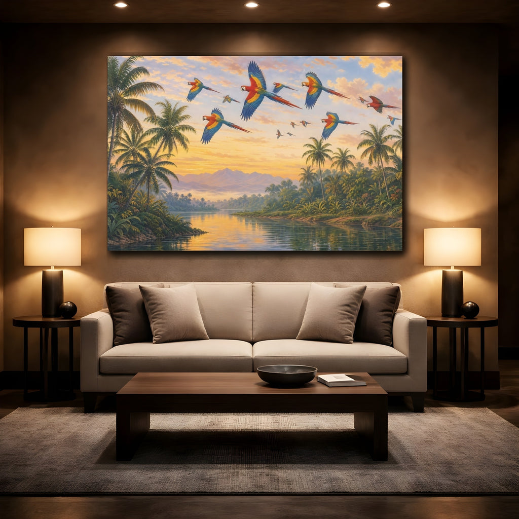 Mockup 2. Animals Macaw Birds Tropical Macaws shown as canvas print